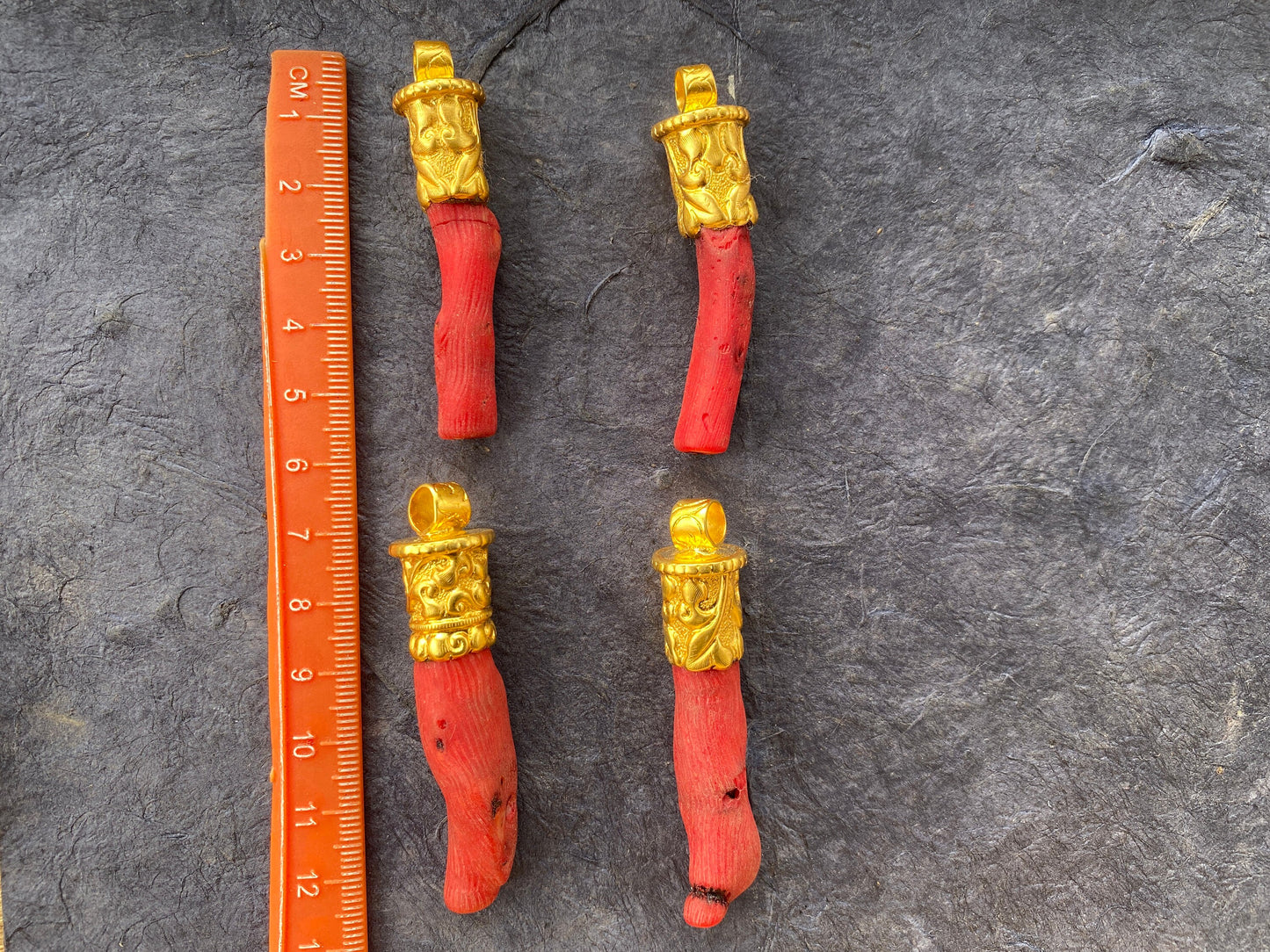 Red Dyed Branch Coral Pendant, Matte Gold Overlay, Tibetan Ethnic Bohemian, Tribal Jewelry Making, Craft Supplies, Summer Fashion Pendant