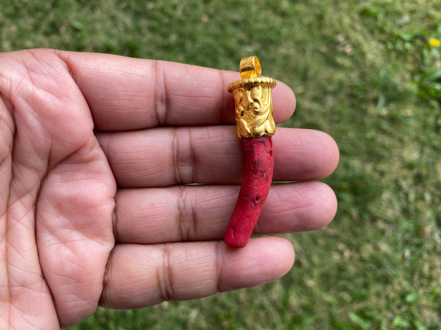Red Dyed Branch Coral Pendant, Matte Gold Overlay, Tibetan Ethnic Bohemian, Tribal Jewelry Making, Craft Supplies, Summer Fashion Pendant