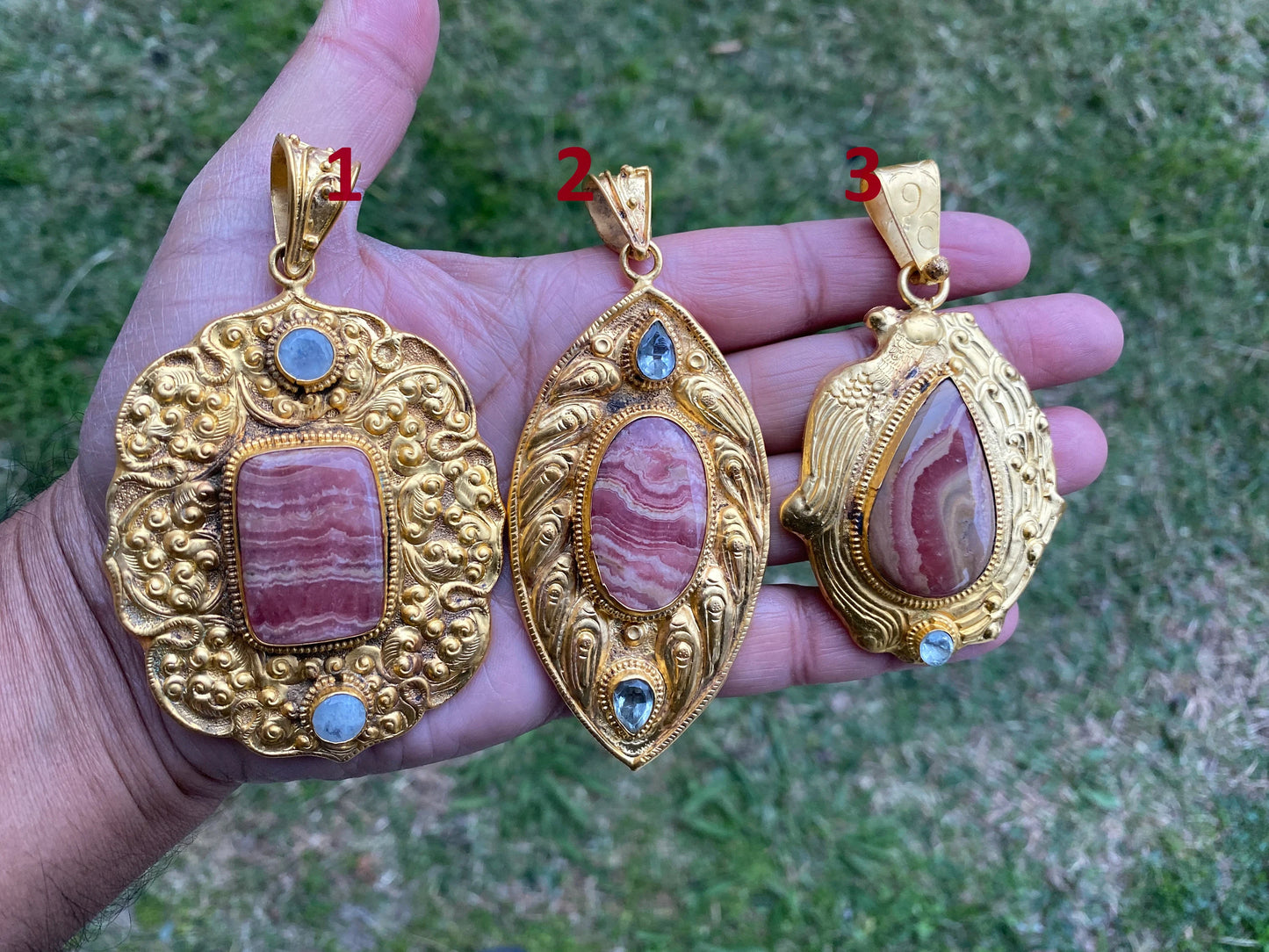 Rhodochrosite Natural Stone, Non Tarnish Brushed Gold Overlay, Elegant Jewelry, Luxury Pendant, Unique Stone Statement Piece, Jewelry Gift
