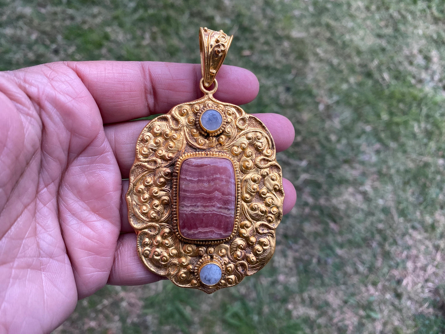 Rhodochrosite Natural Stone, Non Tarnish Brushed Gold Overlay, Elegant Jewelry, Luxury Pendant, Unique Stone Statement Piece, Jewelry Gift