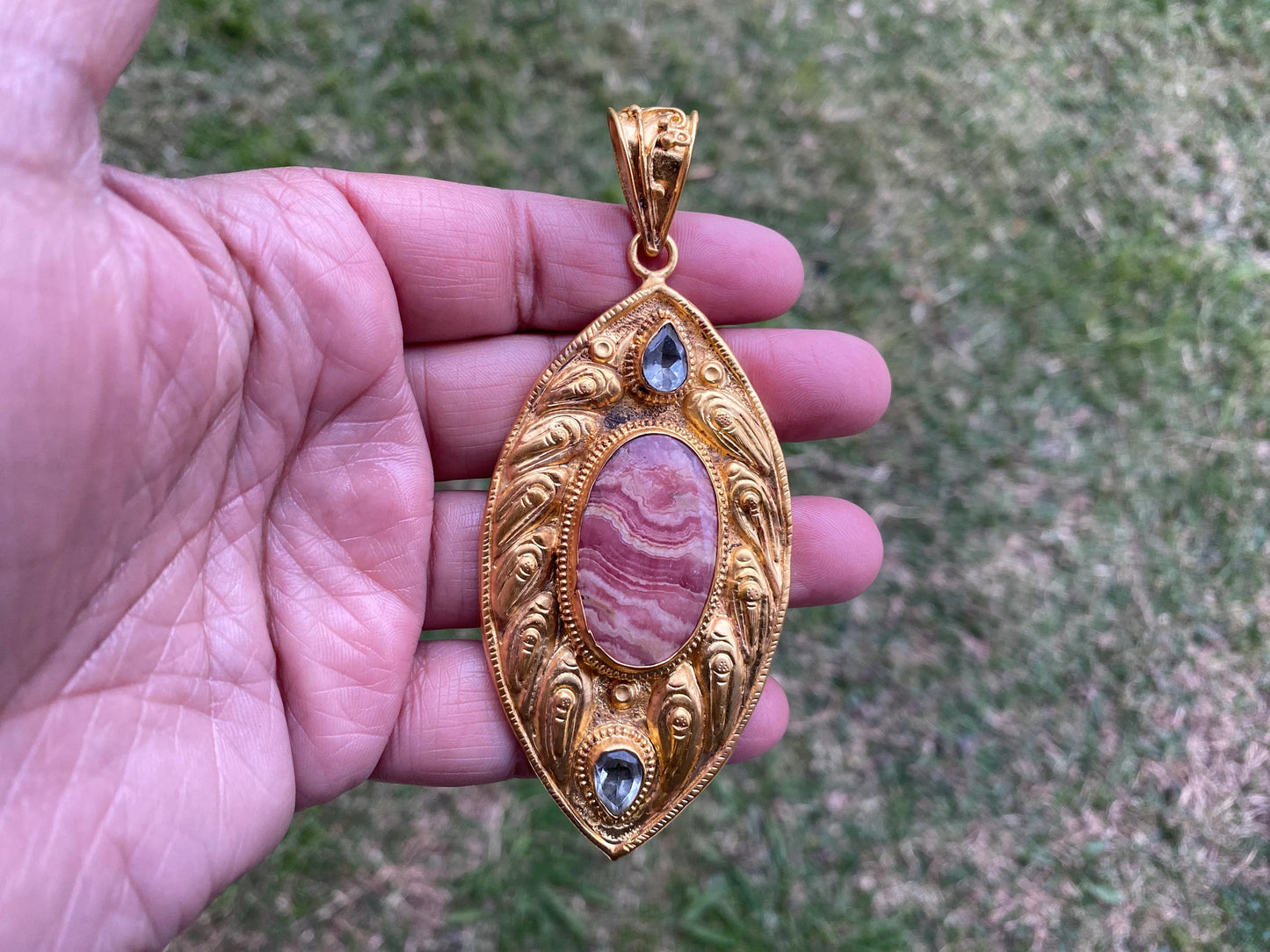 Rhodochrosite Natural Stone, Non Tarnish Brushed Gold Overlay, Elegant Jewelry, Luxury Pendant, Unique Stone Statement Piece, Jewelry Gift