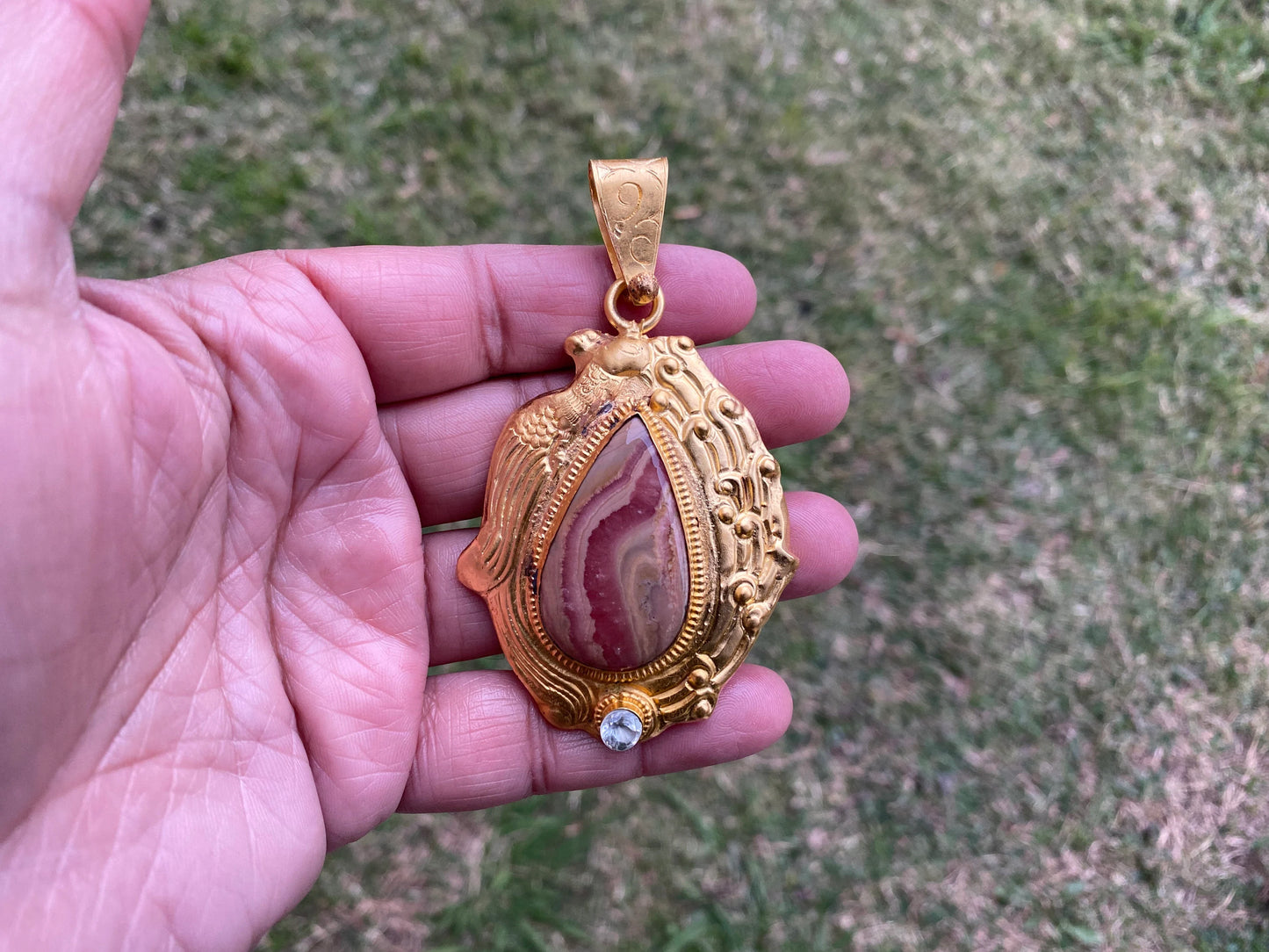 Rhodochrosite Natural Stone, Non Tarnish Brushed Gold Overlay, Elegant Jewelry, Luxury Pendant, Unique Stone Statement Piece, Jewelry Gift