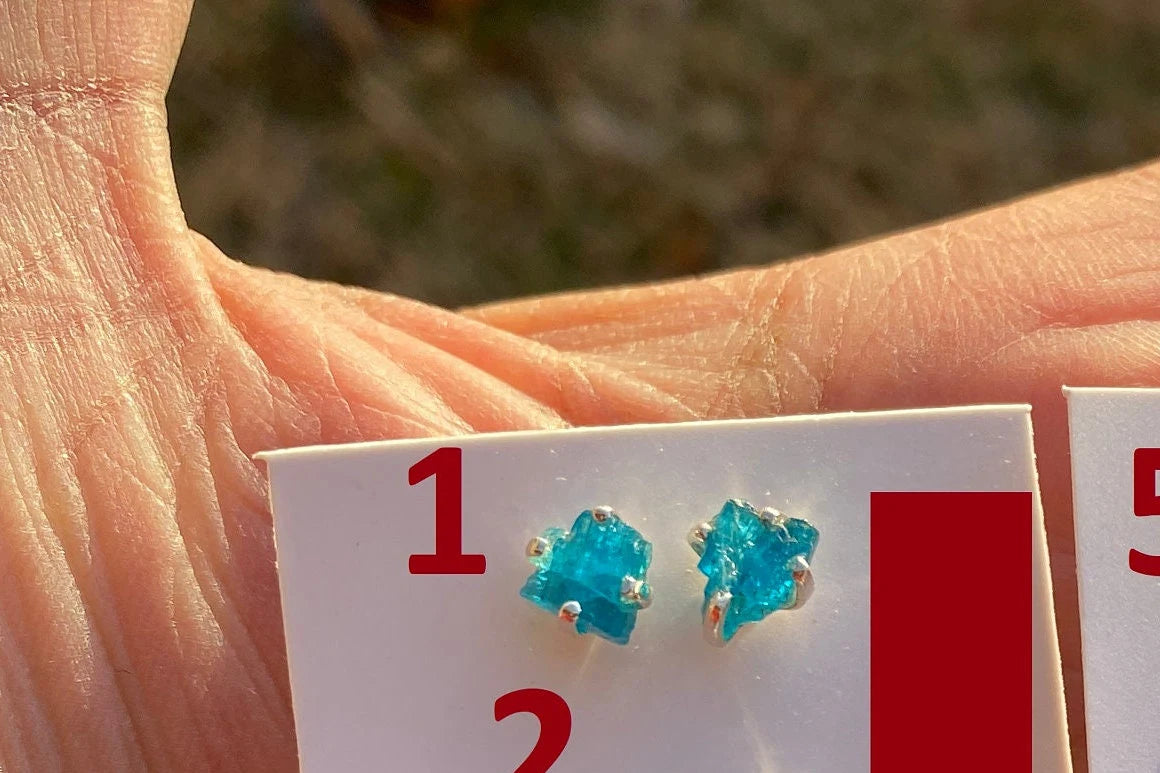 Rough Apatite Sterling Silver Stud Earrings, Blue Apatite Earring, Raw Gemstone Stud Earring, Crystal Prong Earring, Blue Apatite Jewelry