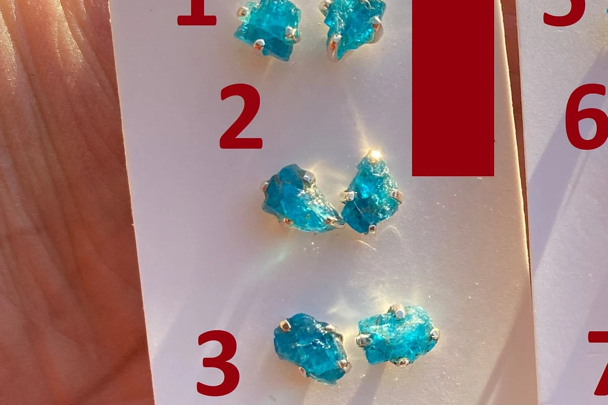 Rough Apatite Sterling Silver Stud Earrings, Blue Apatite Earring, Raw Gemstone Stud Earring, Crystal Prong Earring, Blue Apatite Jewelry