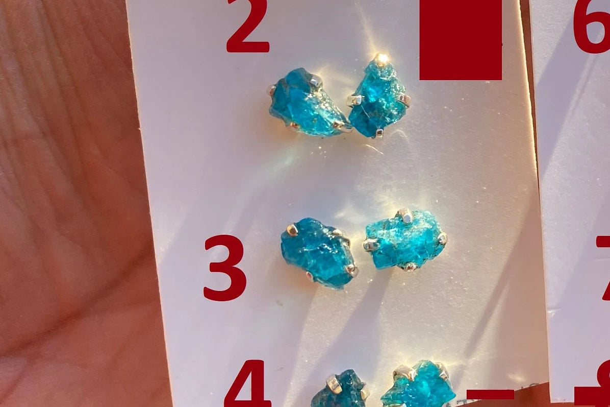 Rough Apatite Sterling Silver Stud Earrings, Blue Apatite Earring, Raw Gemstone Stud Earring, Crystal Prong Earring, Blue Apatite Jewelry