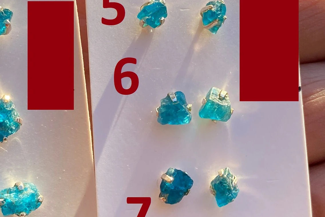 Rough Apatite Sterling Silver Stud Earrings, Blue Apatite Earring, Raw Gemstone Stud Earring, Crystal Prong Earring, Blue Apatite Jewelry