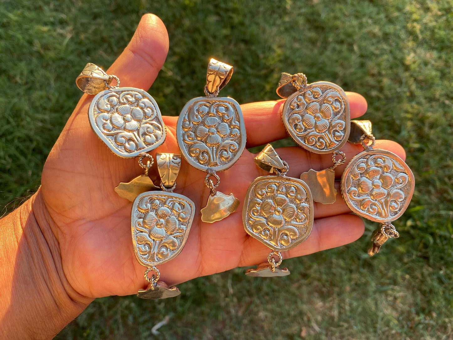 Rough Natural Green Chrysoprase Slab Tibetan Silver Pendant, Flower Designs, Heart Chakra Stone, Himalayan Jewelry, Natural Stone Jewelry