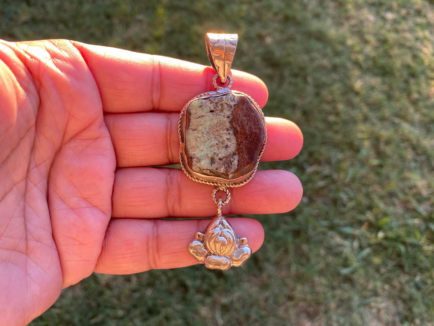 Rough Natural Green Chrysoprase Slab Tibetan Silver Pendant, Flower Designs, Heart Chakra Stone, Himalayan Jewelry, Natural Stone Jewelry