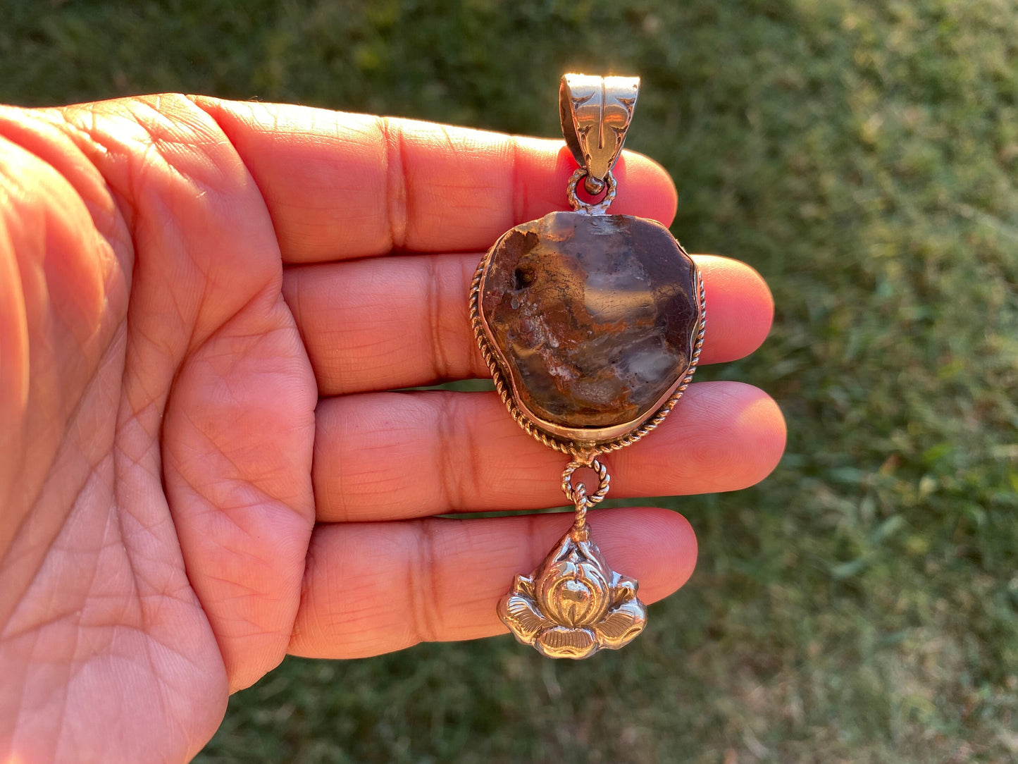 Rough Natural Green Chrysoprase Slab Tibetan Silver Pendant, Flower Designs, Heart Chakra Stone, Himalayan Jewelry, Natural Stone Jewelry
