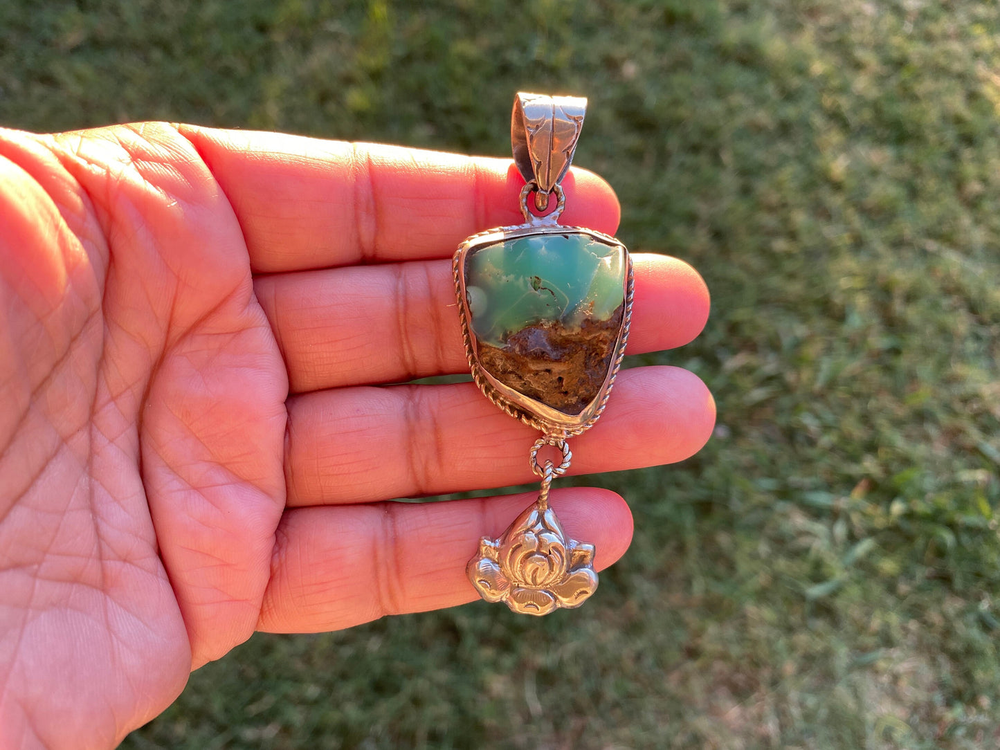 Rough Natural Green Chrysoprase Slab Tibetan Silver Pendant, Flower Designs, Heart Chakra Stone, Himalayan Jewelry, Natural Stone Jewelry