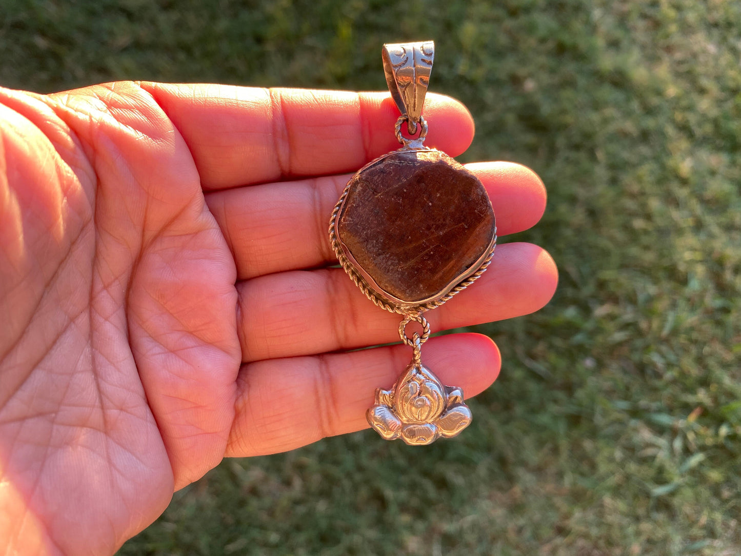 Rough Natural Green Chrysoprase Slab Tibetan Silver Pendant, Flower Designs, Heart Chakra Stone, Himalayan Jewelry, Natural Stone Jewelry