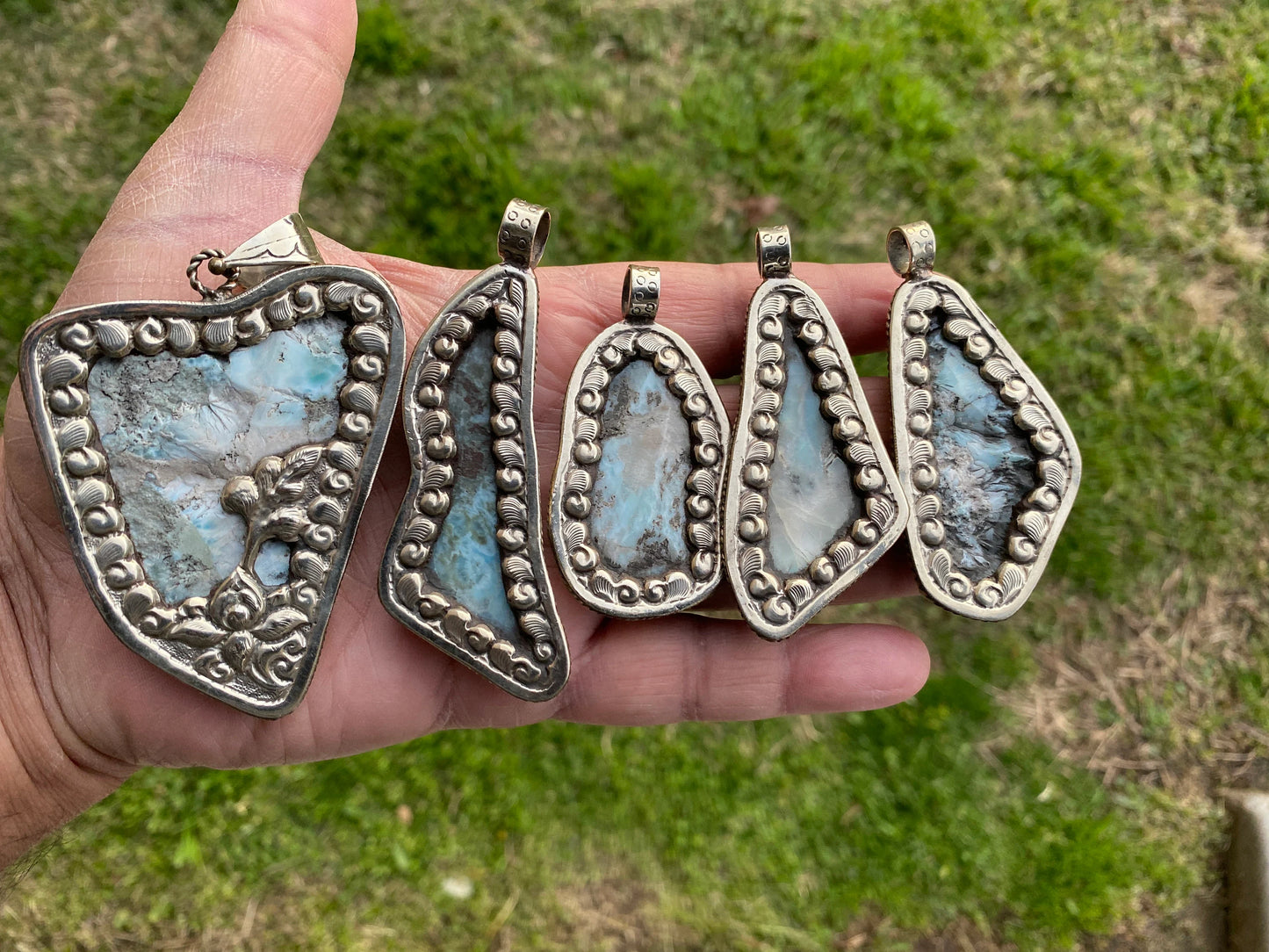 Rough Natural Larimar Slab Stone Tibetan Silver Pendant, Natural Gemstone, Raw Larimar Jewelry, Energy Stone, Birthstone, Natural Blue Stone