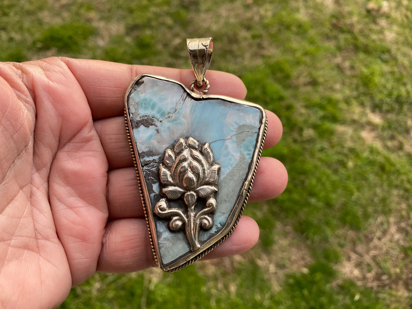 Rough Natural Larimar Slab Stone Tibetan Silver Pendant, Natural Gemstone, Raw Larimar Jewelry, Energy Stone, Birthstone, Natural Blue Stone