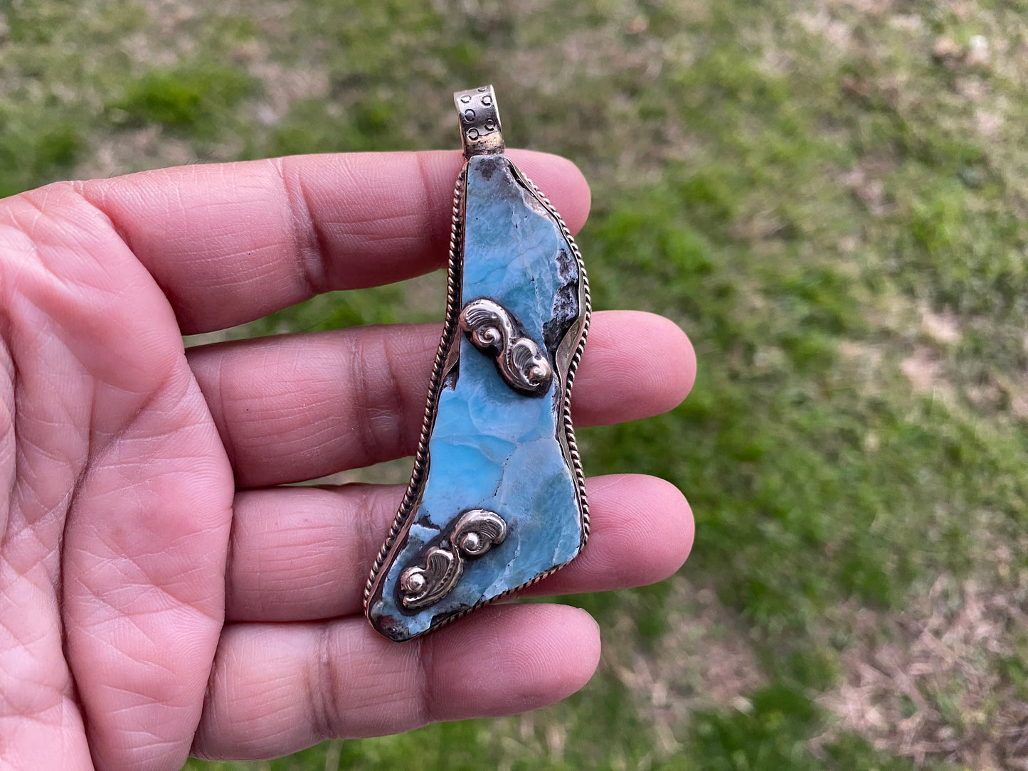 Rough Natural Larimar Slab Stone Tibetan Silver Pendant, Natural Gemstone, Raw Larimar Jewelry, Energy Stone, Birthstone, Natural Blue Stone