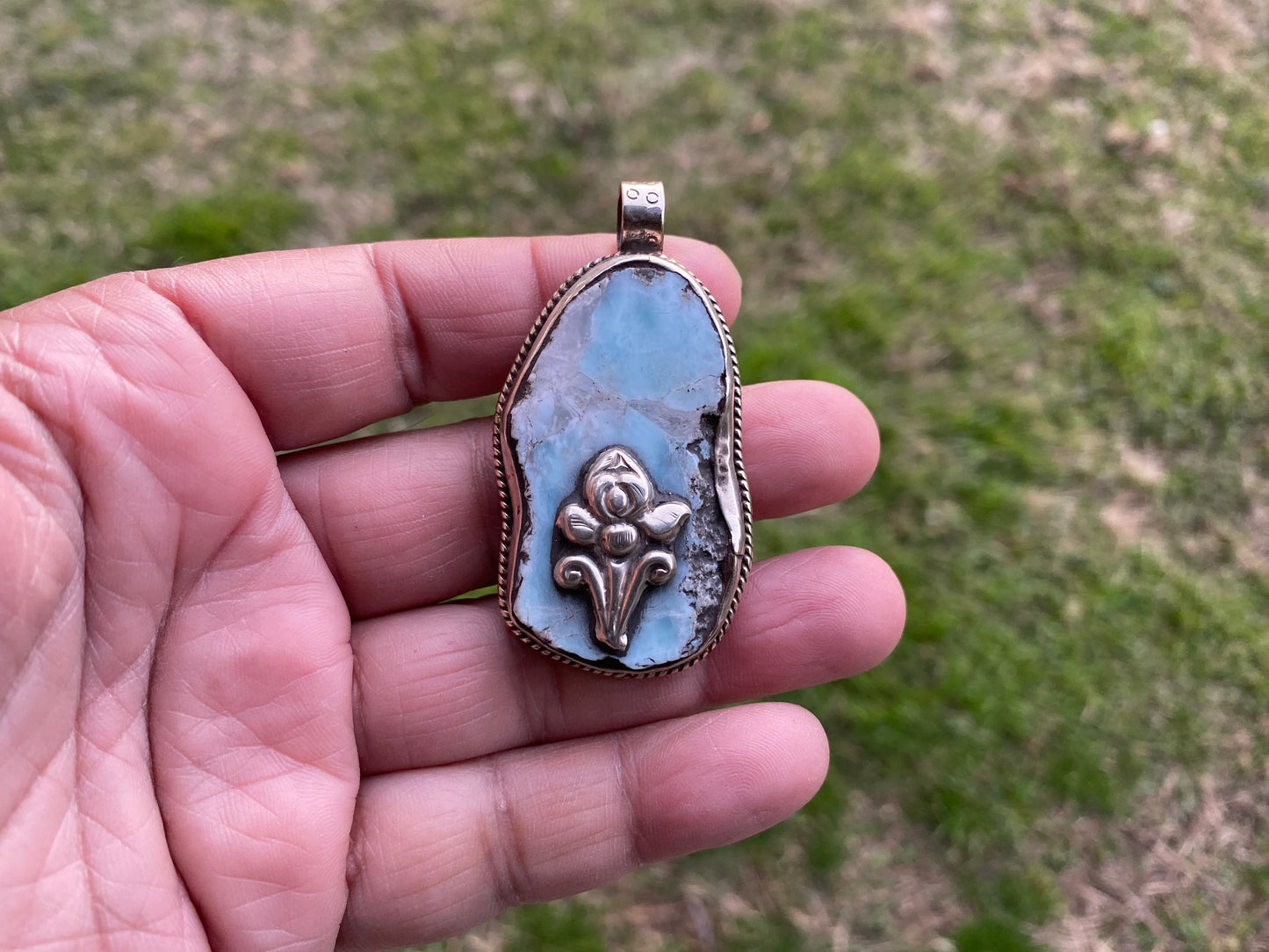 Rough Natural Larimar Slab Stone Tibetan Silver Pendant, Natural Gemstone, Raw Larimar Jewelry, Energy Stone, Birthstone, Natural Blue Stone