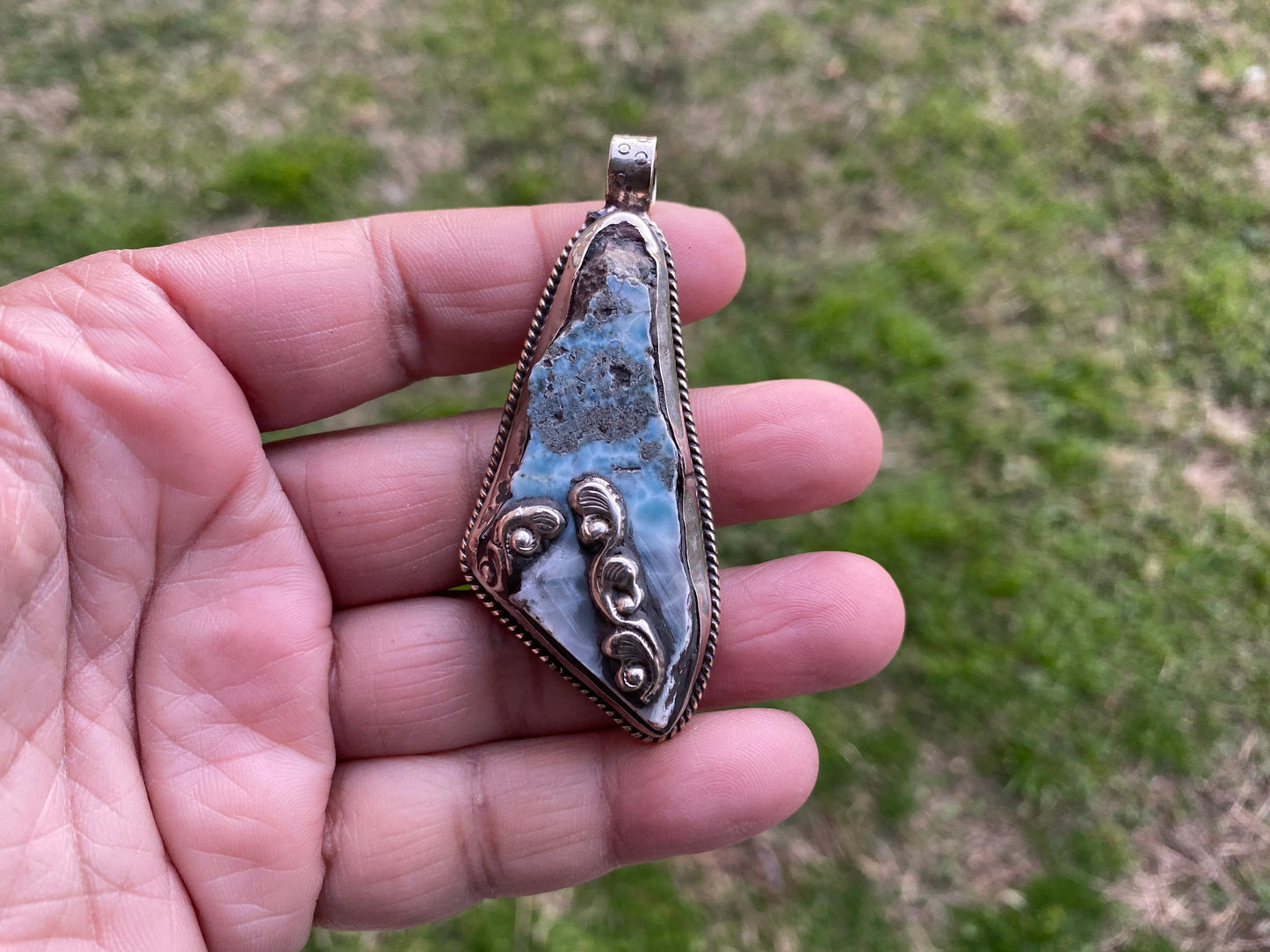 Rough Natural Larimar Slab Stone Tibetan Silver Pendant, Natural Gemstone, Raw Larimar Jewelry, Energy Stone, Birthstone, Natural Blue Stone