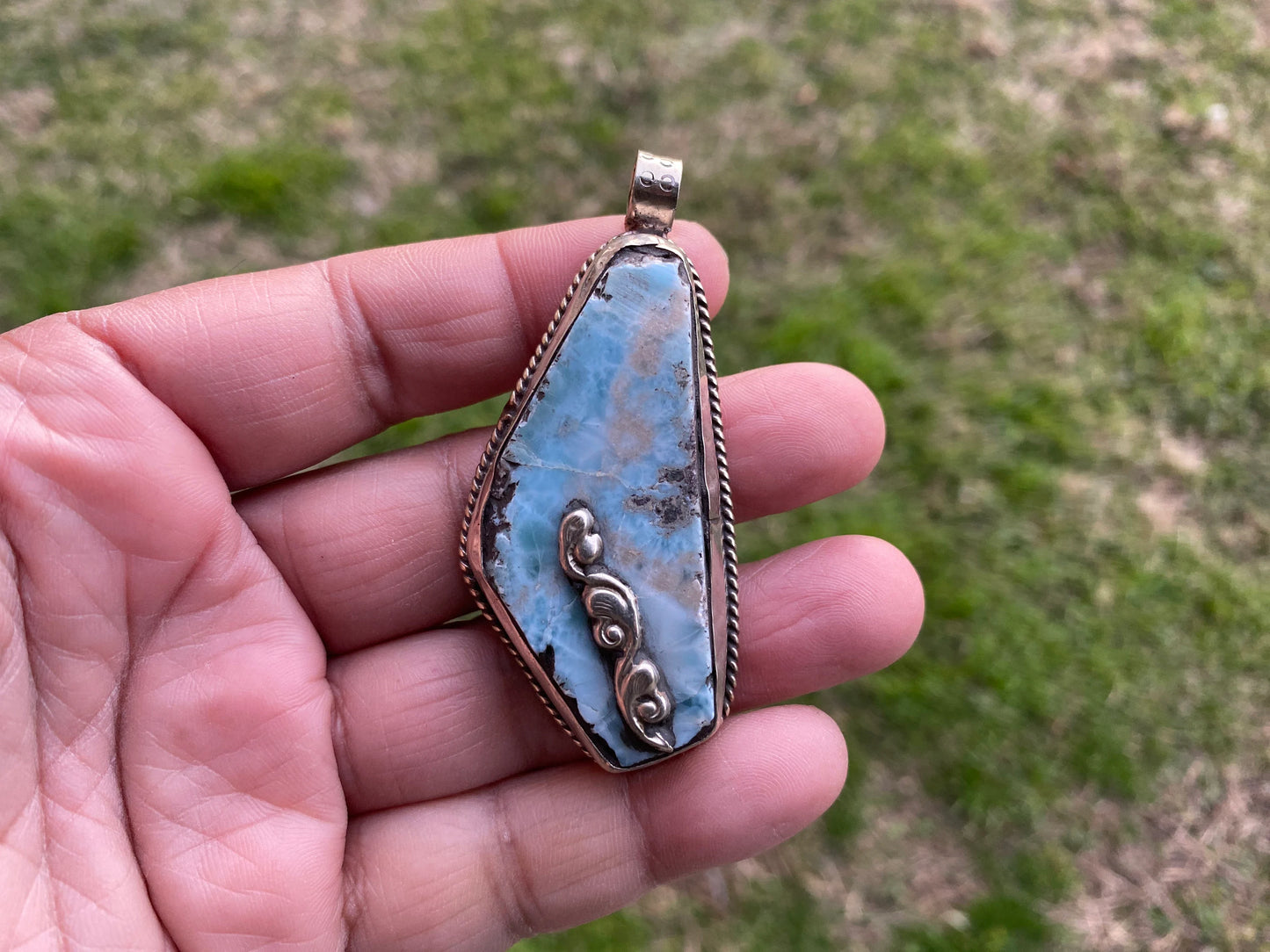 Rough Natural Larimar Slab Stone Tibetan Silver Pendant, Natural Gemstone, Raw Larimar Jewelry, Energy Stone, Birthstone, Natural Blue Stone