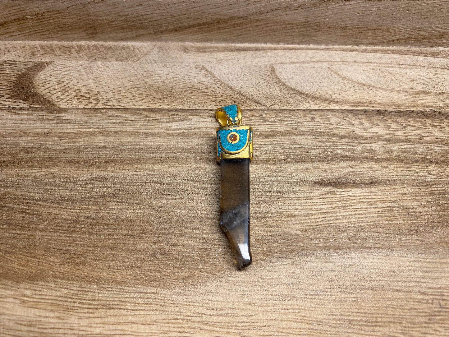 Rough Smoky Quartz Tibetan Pendant, Turquoise & Coral Inlaid, Matte Gold, Natural Stone, For Necklace, Himalayan Ethnic Hill Tribe Jewelry