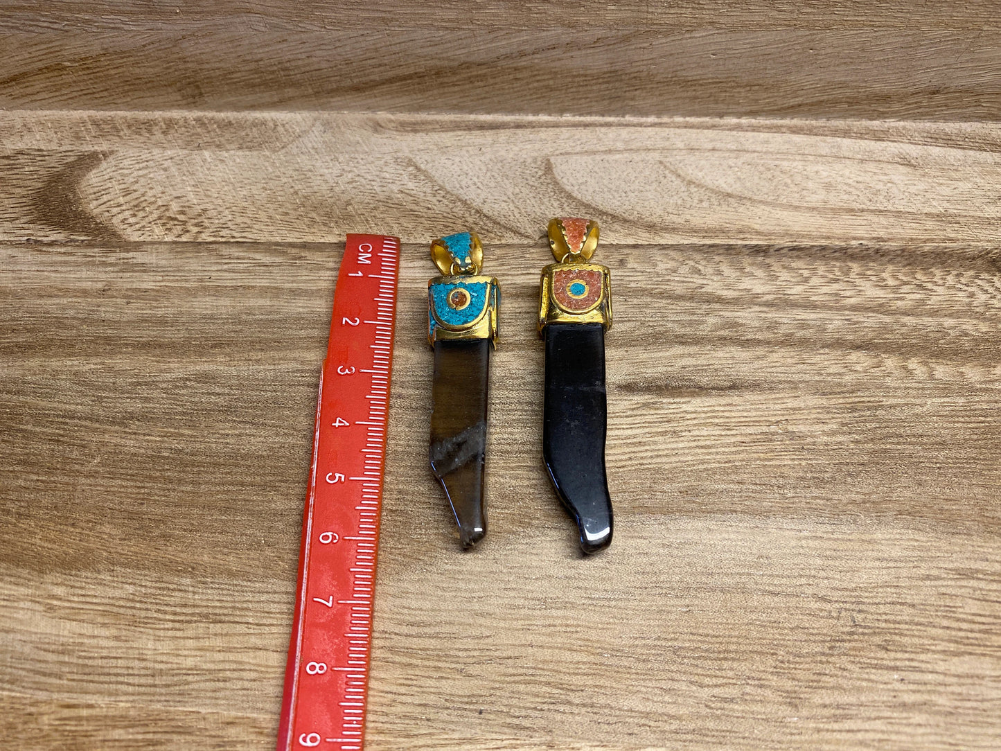 Rough Smoky Quartz Tibetan Pendant, Turquoise & Coral Inlaid, Matte Gold, Natural Stone, For Necklace, Himalayan Ethnic Hill Tribe Jewelry