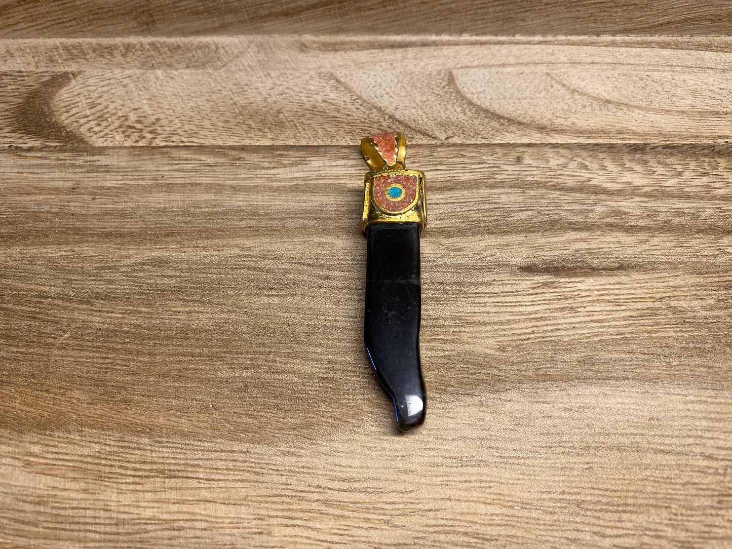 Rough Smoky Quartz Tibetan Pendant, Turquoise & Coral Inlaid, Matte Gold, Natural Stone, For Necklace, Himalayan Ethnic Hill Tribe Jewelry