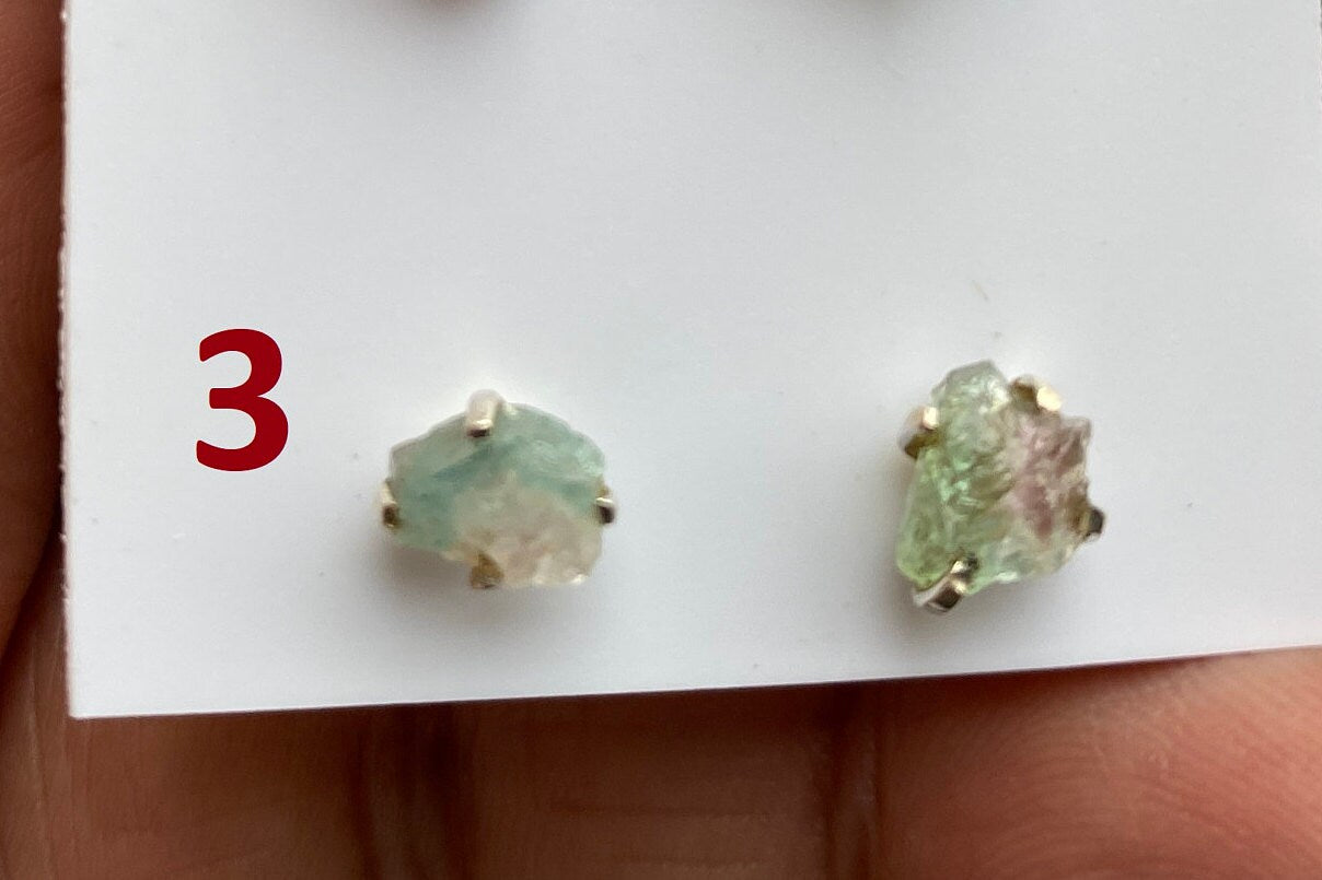 Rough Watermelon Tourmaline Studs Earring, Sterling Silver Studs, Rough Gemstone Earring, Raw Tourmaline Stud Earrings, Natural Stone Studs