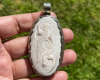 Sagittarius Symbol Hand Carved Bone Tibetan Silver Pendant, Horoscope Pendant, Zodiac Sign, Unisex Pendant, Astrology Jewelry, Cathedral