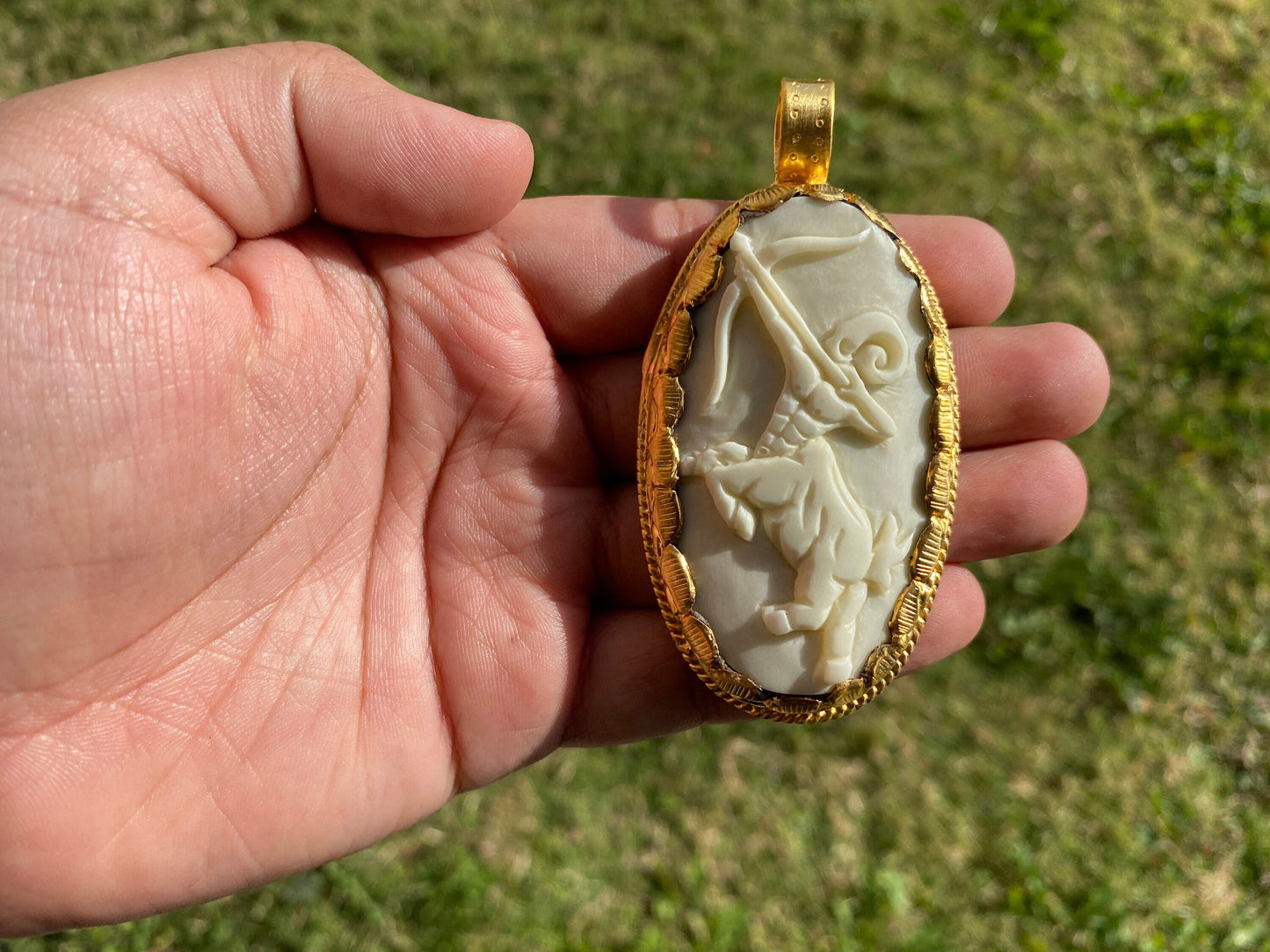 Sagittarius Zodiac Symbol Large Pendant, Hand Carved Buffalo Bone 18K Brushed Gold Overlay, Horoscope Medallion Pendant, Astrology Jewelry