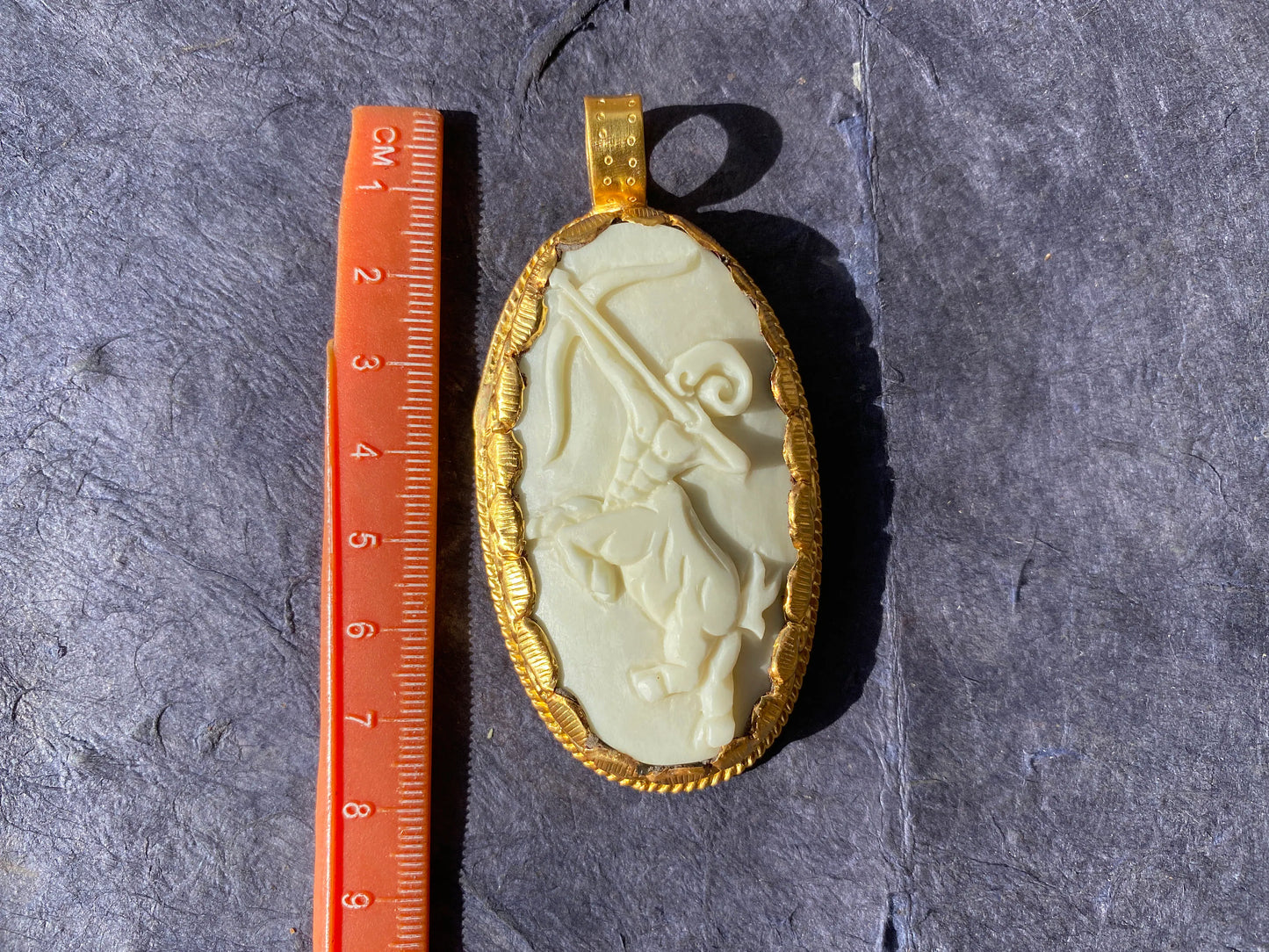 Sagittarius Zodiac Symbol Large Pendant, Hand Carved Buffalo Bone 18K Brushed Gold Overlay, Horoscope Medallion Pendant, Astrology Jewelry