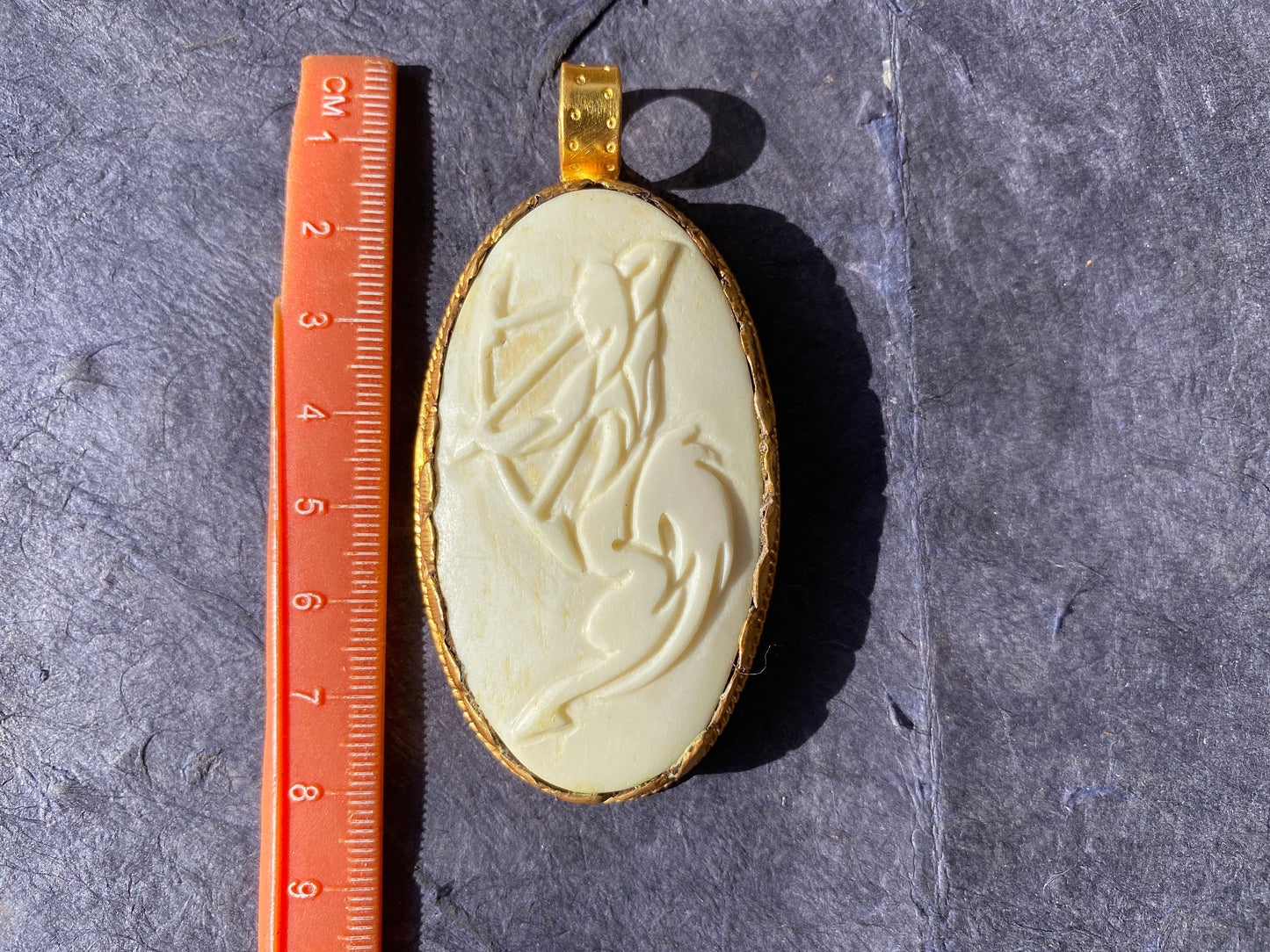Sagittarius Zodiac Symbol Large Pendant, Hand Carved Buffalo Bone, 18K Brushed Gold Overlay, Horoscope Medallion Pendant, Astrology Jewelry