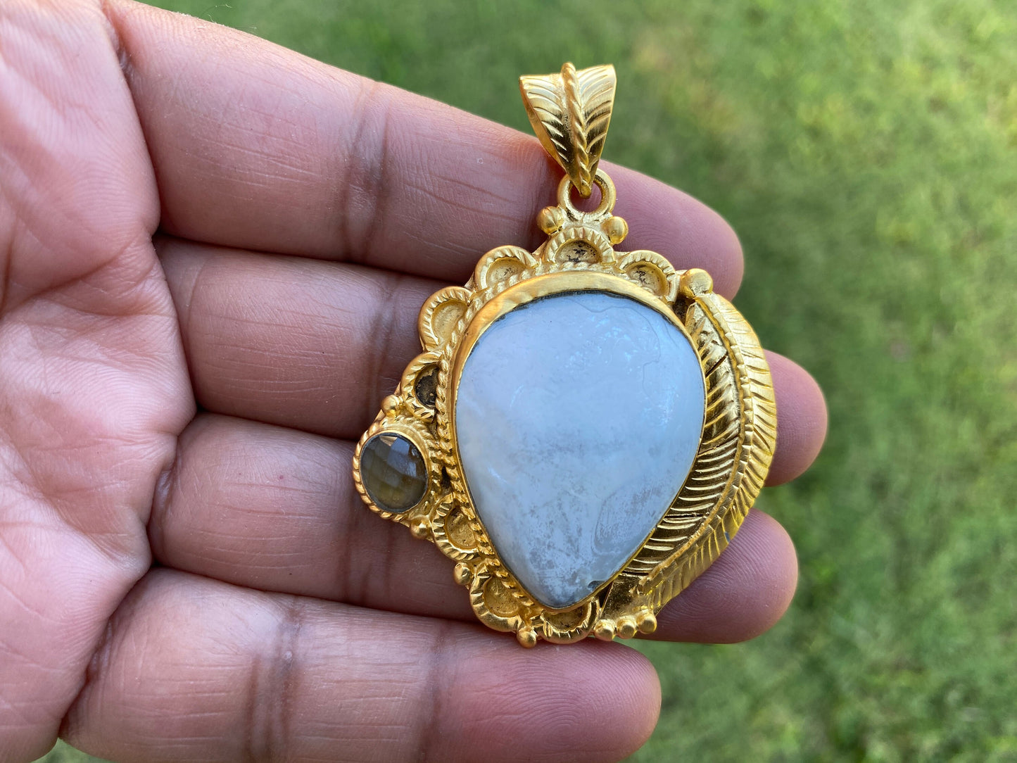 Sea Shell Tibetan Pendant, 18K Brushed Gold Overlay, Citrine or Aquamarine Gemstone Pendant, Gold Pendant for Necklace, Hill tribe Jewelry