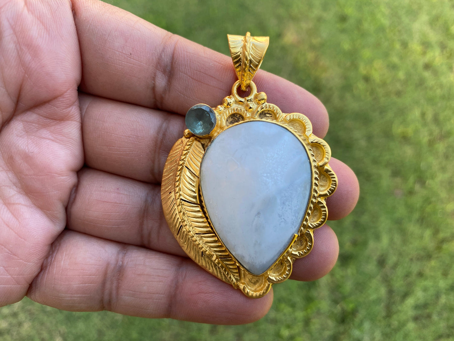 Sea Shell Tibetan Pendant, 18K Brushed Gold Overlay, Citrine or Aquamarine Gemstone Pendant, Gold Pendant for Necklace, Hill tribe Jewelry