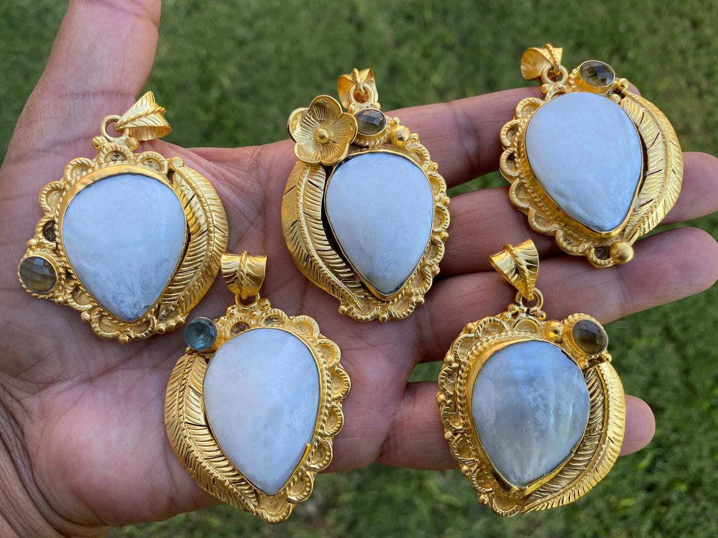 Sea Shell Tibetan Pendant, 18K Brushed Gold Overlay, Citrine or Aquamarine Gemstone Pendant, Gold Pendant for Necklace, Hill tribe Jewelry