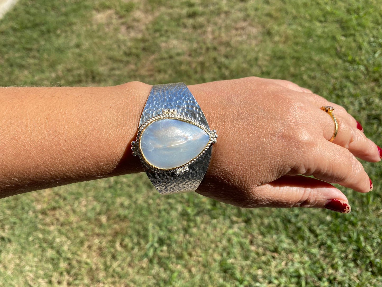 Shell Adjustable Two Tone Cuff Bracelet, Brushed Gold with Silver Overlay, Hammered Bracelet, Wide Cuff, Handcrafted Jewelry, Ocean Elegance