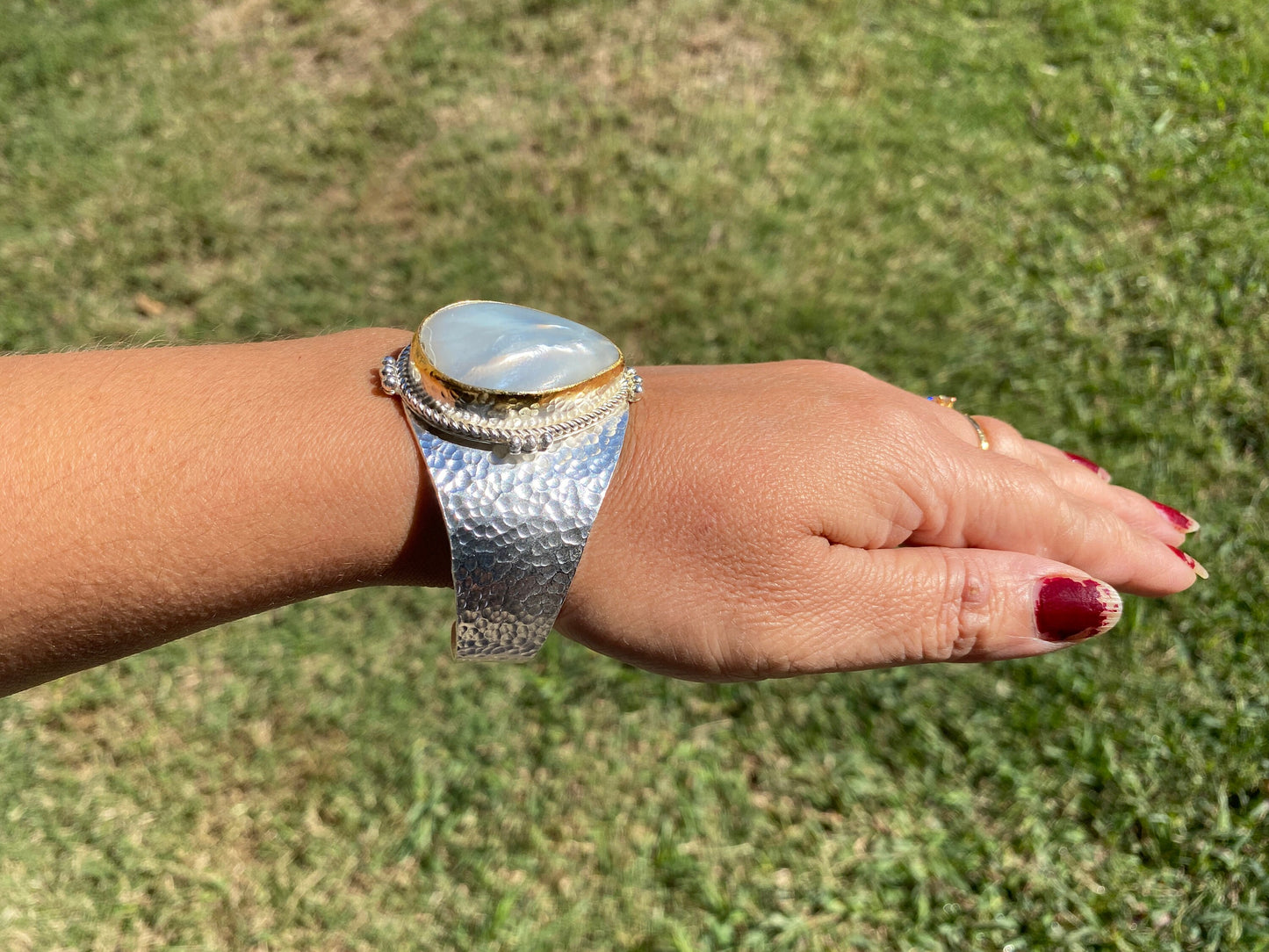 Shell Adjustable Two Tone Cuff Bracelet, Brushed Gold with Silver Overlay, Hammered Bracelet, Wide Cuff, Handcrafted Jewelry, Ocean Elegance
