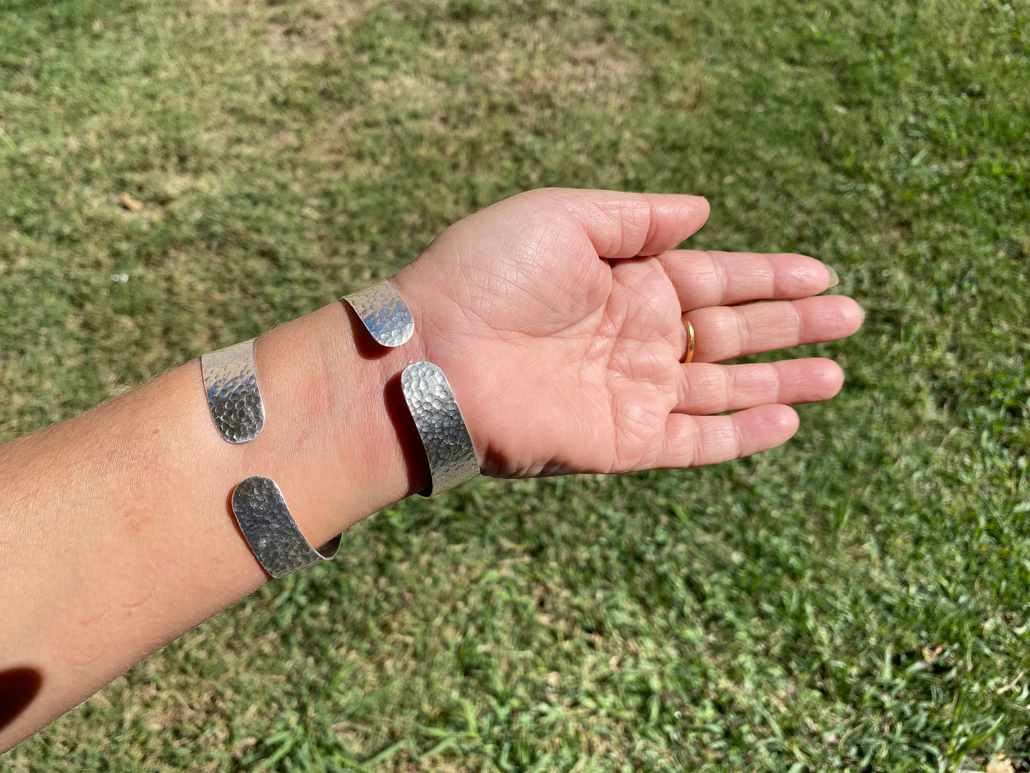 Shell Adjustable Two Tone Cuff Bracelet, Brushed Gold with Silver Overlay, Hammered Bracelet, Wide Cuff, Handcrafted Jewelry, Ocean Elegance