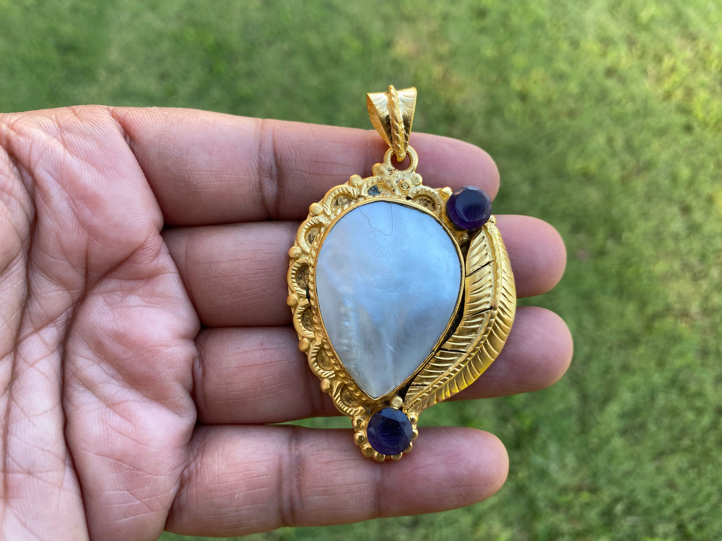 Shell Tibetan Pendant, Amethyst Gemstone Pendant, 18K Brushed Gold Overlay, Pendant for Necklace, Boho Hill tribe Jewelry, Jewelry Supplies