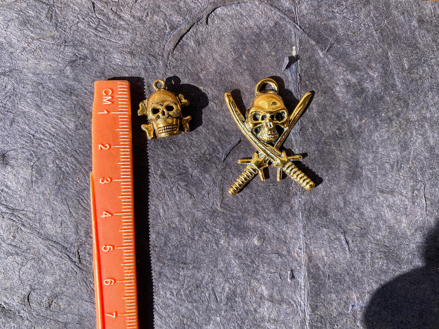 Skull 18k Brushed Non Tarnish Gold Overlay Pendant, Skull Gold Charm, Small Skull with Swords, Men's Jewelry, Gift for Him, For Dainty Chain