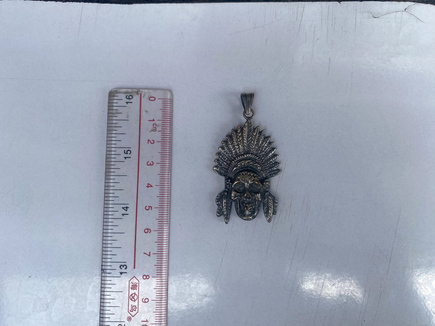 Skull With a Feathered Crown Brass Pendant | Tibetan Silver Overlay Pendant, Skull Locket, Skull Pendant, Boho Jewelry, Heavy Metal Wear