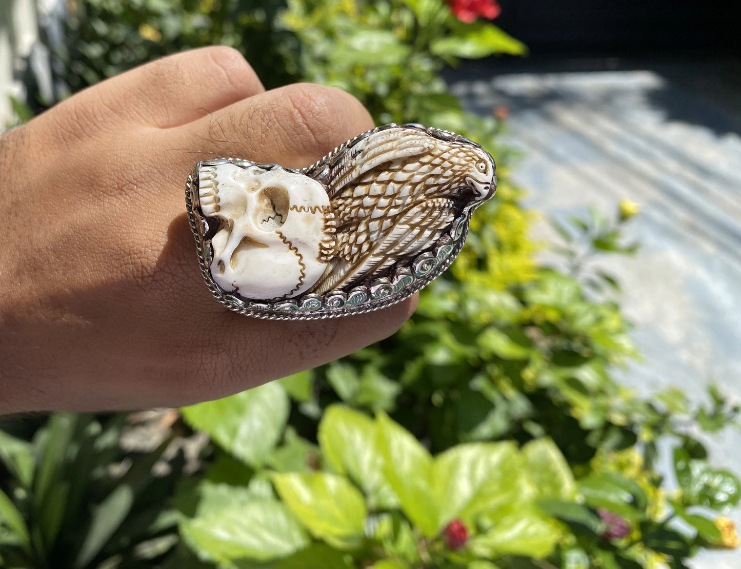 Skull and Eagle Carved on Water Buffalo Bone Tibetan Silver Ring, Unisex Adjustable Skull Ring, Boho Hippie Jewelry, Unique Gift