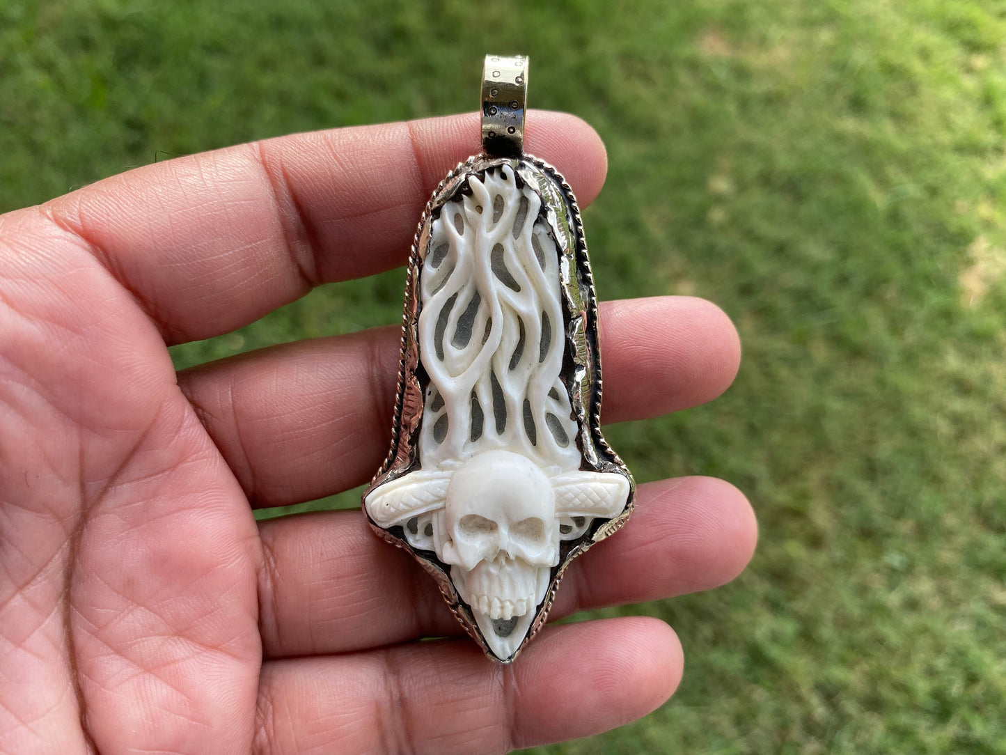 Skull on Fire Carved Bone Pendant, Gothic Jewelry, Fire Skull Jewelry, Unique Rude Jewelry, Unisex Pendant, Skull Jewelry, Gift for Men
