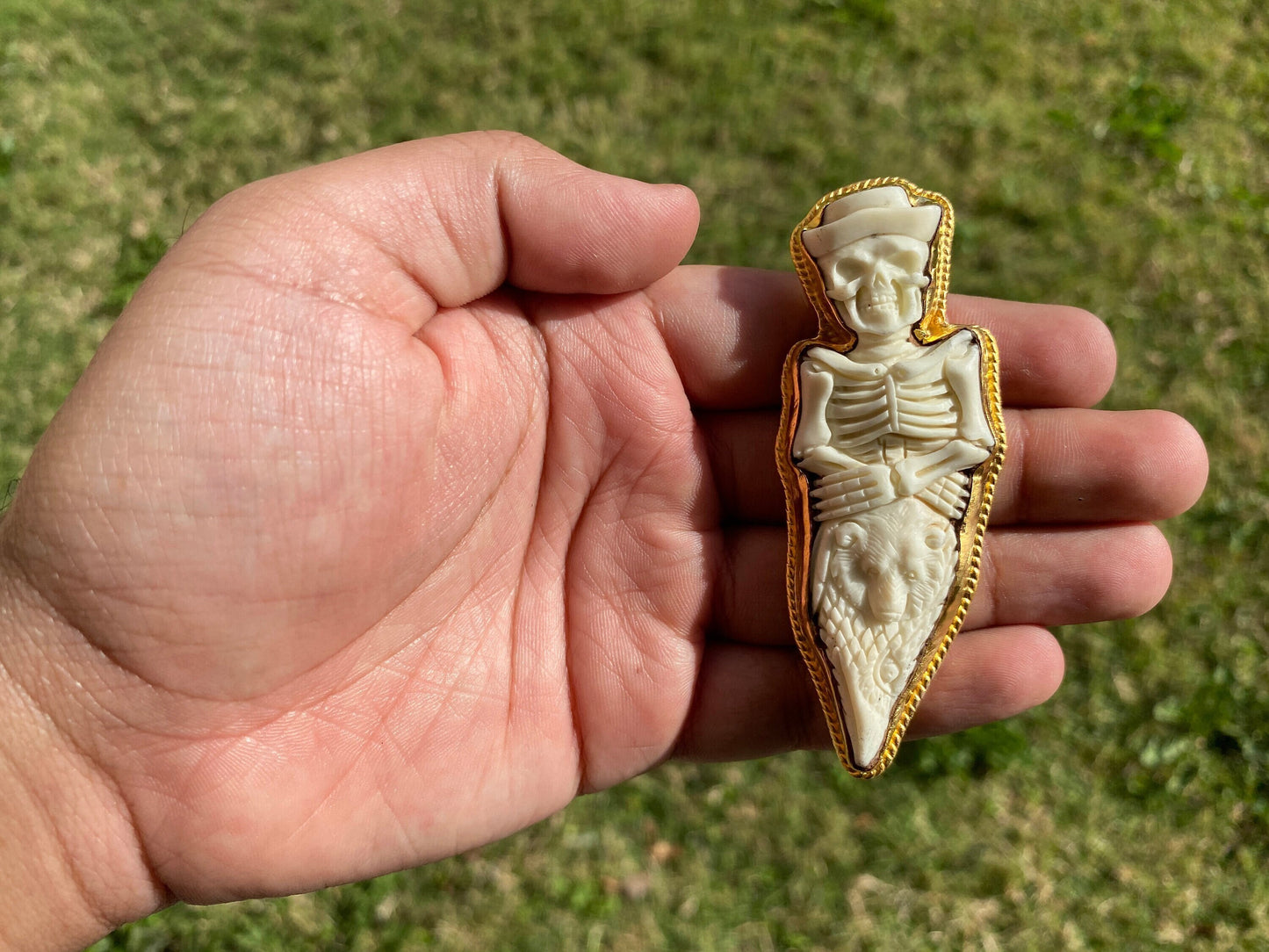 Skull with Bear and Eagle Bone Pendant, Non Tarnish High Quality 18k Brushed Gold Overlay, Unisex Skull Pendant, Clown Pendant, Punk Jewelry