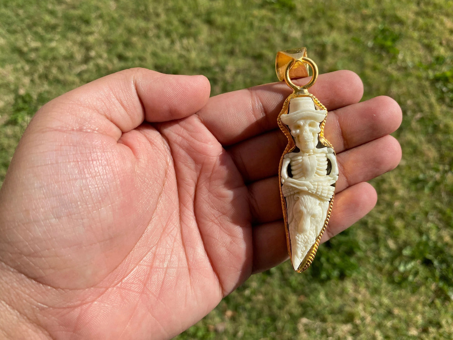 Skull with Bear and Eagle Bone Pendant, Non Tarnish High Quality 18k Brushed Gold Overlay, Unisex Skull Pendant, Clown Pendant, Punk Jewelry