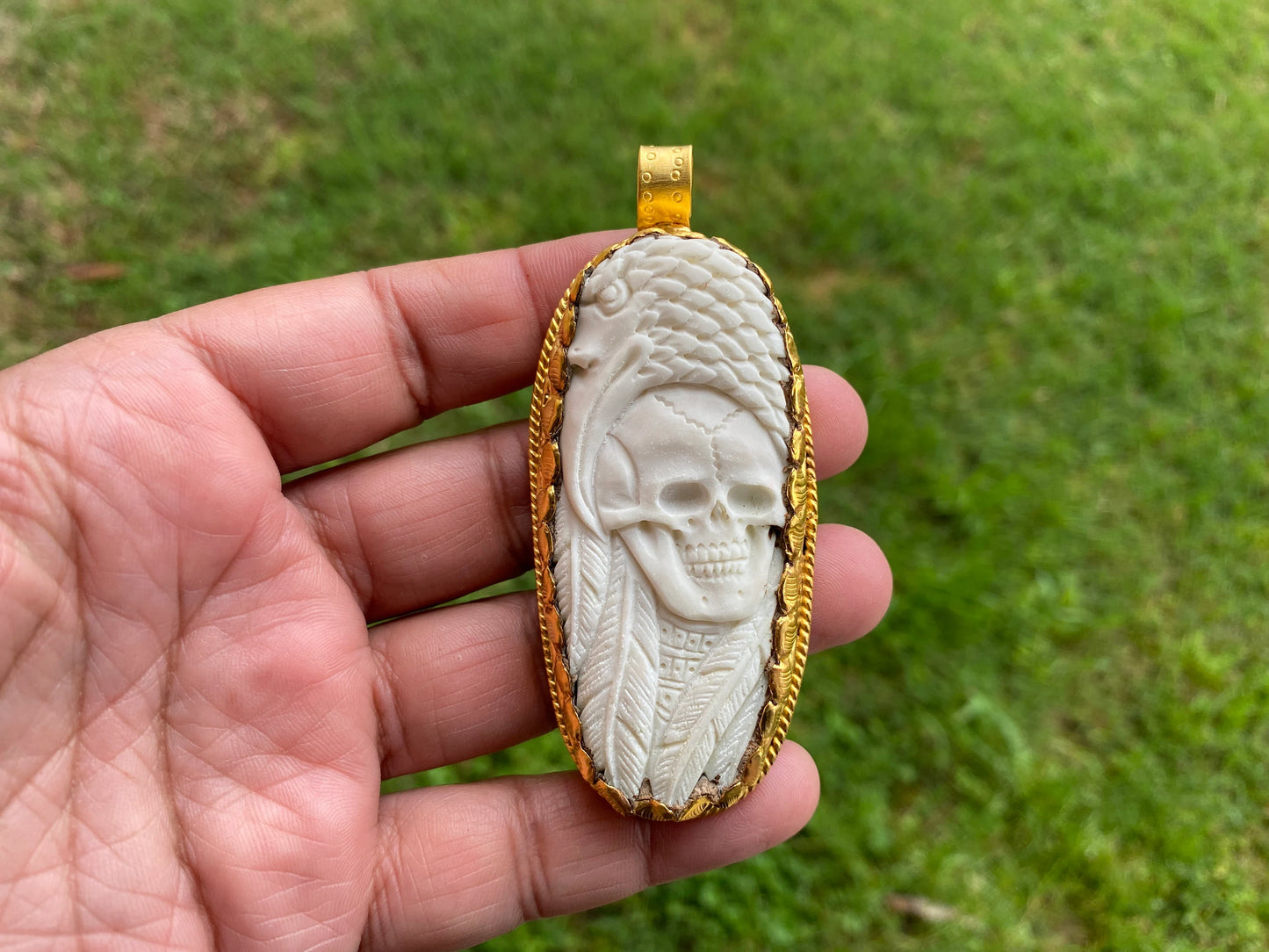 Skull with Eagle Pendant, High Quality 18K Matte Gold Overlay Non Tarnish, Carved Buffalo Bone, Unisex Skull Pendant, for Men or Women, Boho