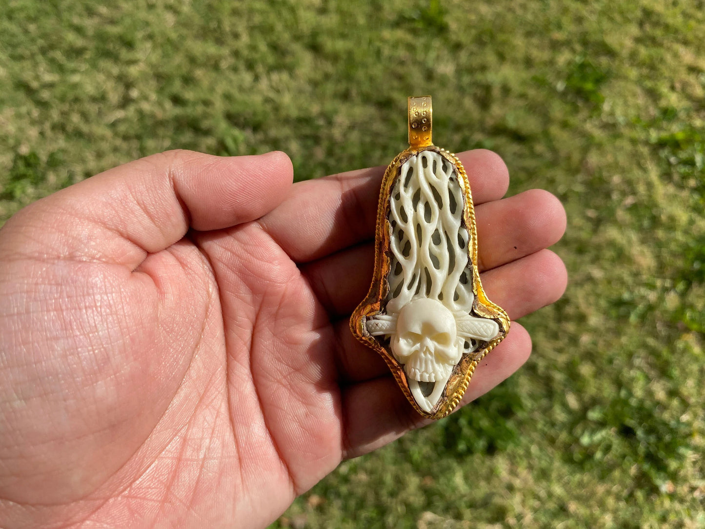 Skull with Fire Carved Bone Pendant, High Quality 18K Brushed Gold Overlay Non Tarnish, Unisex Skull Pendant, Gift for Him, Gothic Jewelry