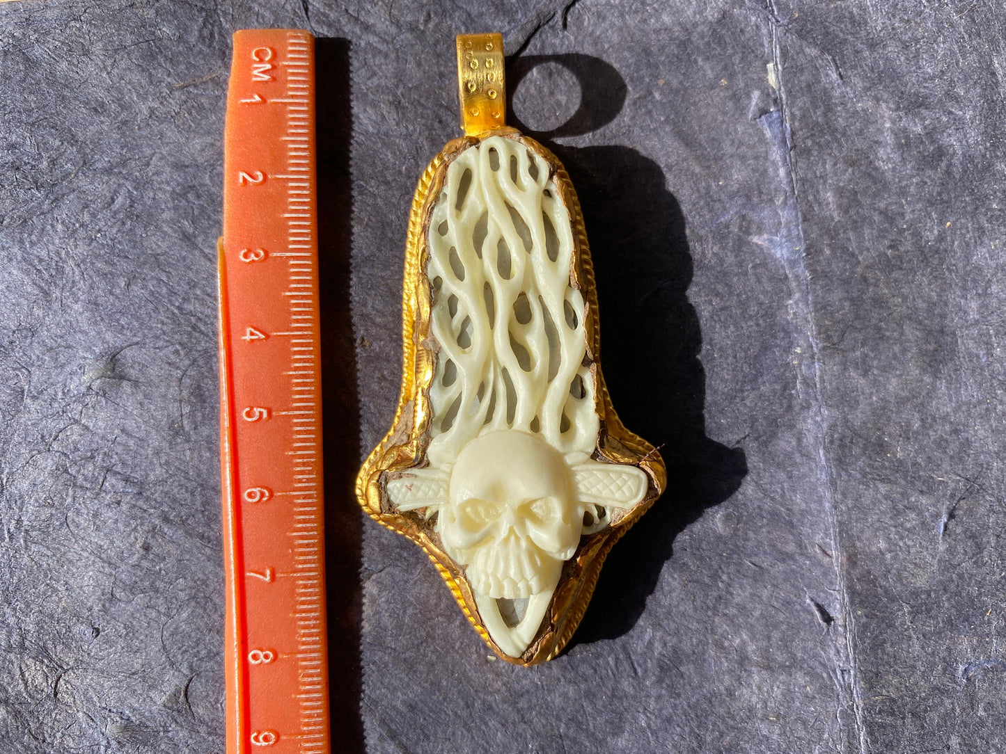 Skull with Fire Carved Bone Pendant, High Quality 18K Brushed Gold Overlay Non Tarnish, Unisex Skull Pendant, Gift for Him, Gothic Jewelry