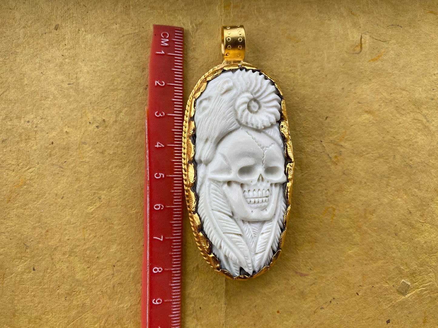 Skull with Sheep, High Quality 18k Matte Gold Overlay Non Tarnish Buffalo Bone Pendant, Large Skull Pendant, for Men or Women, Sugar Skull