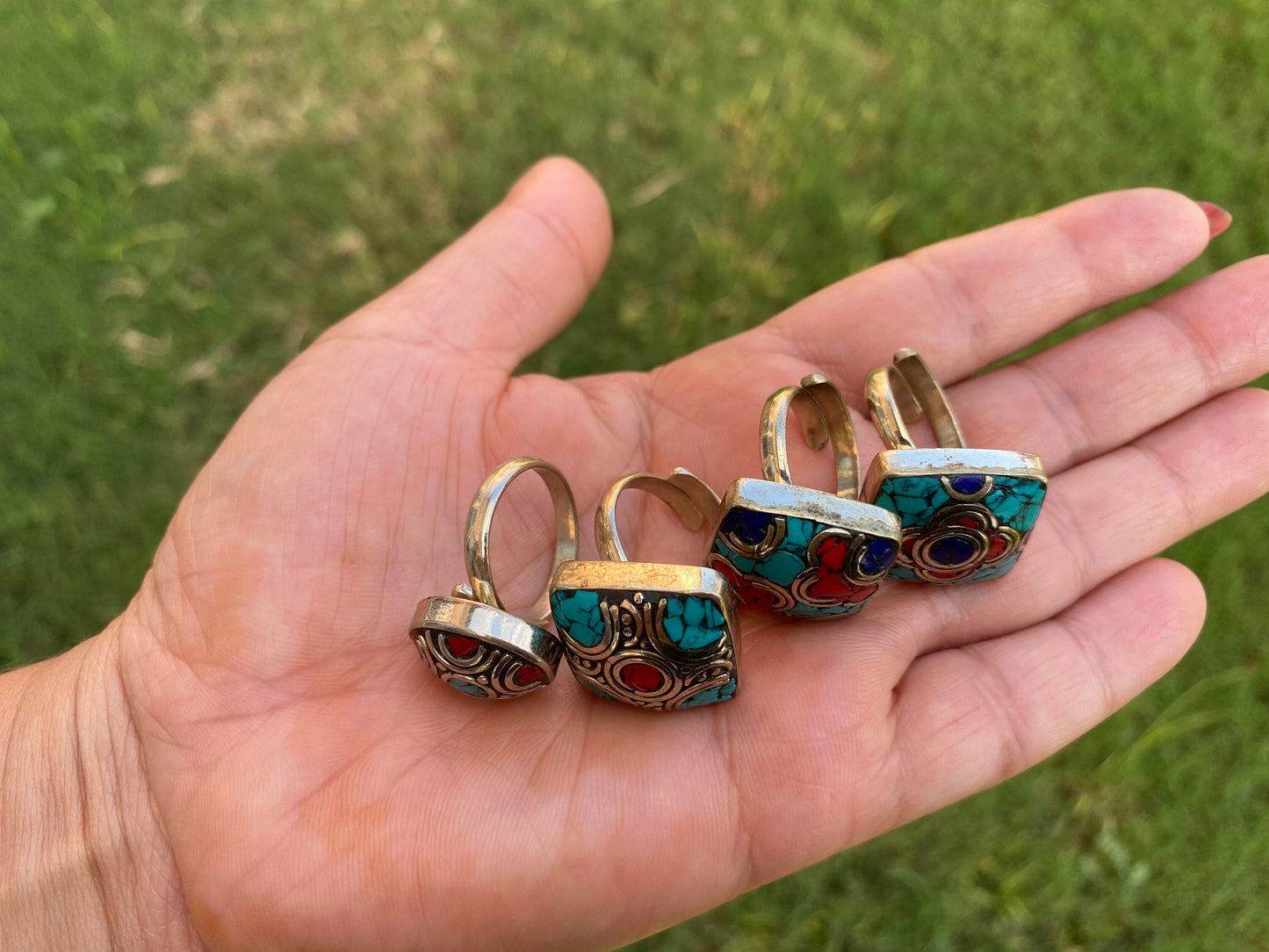 Small Adjustable Tibetan Silver Ring, Turquoise, Coral & Lapis Inlay Ring, Statement Ring, Ethnic Women Ring, Bohemian Hill Tribe Jewelry