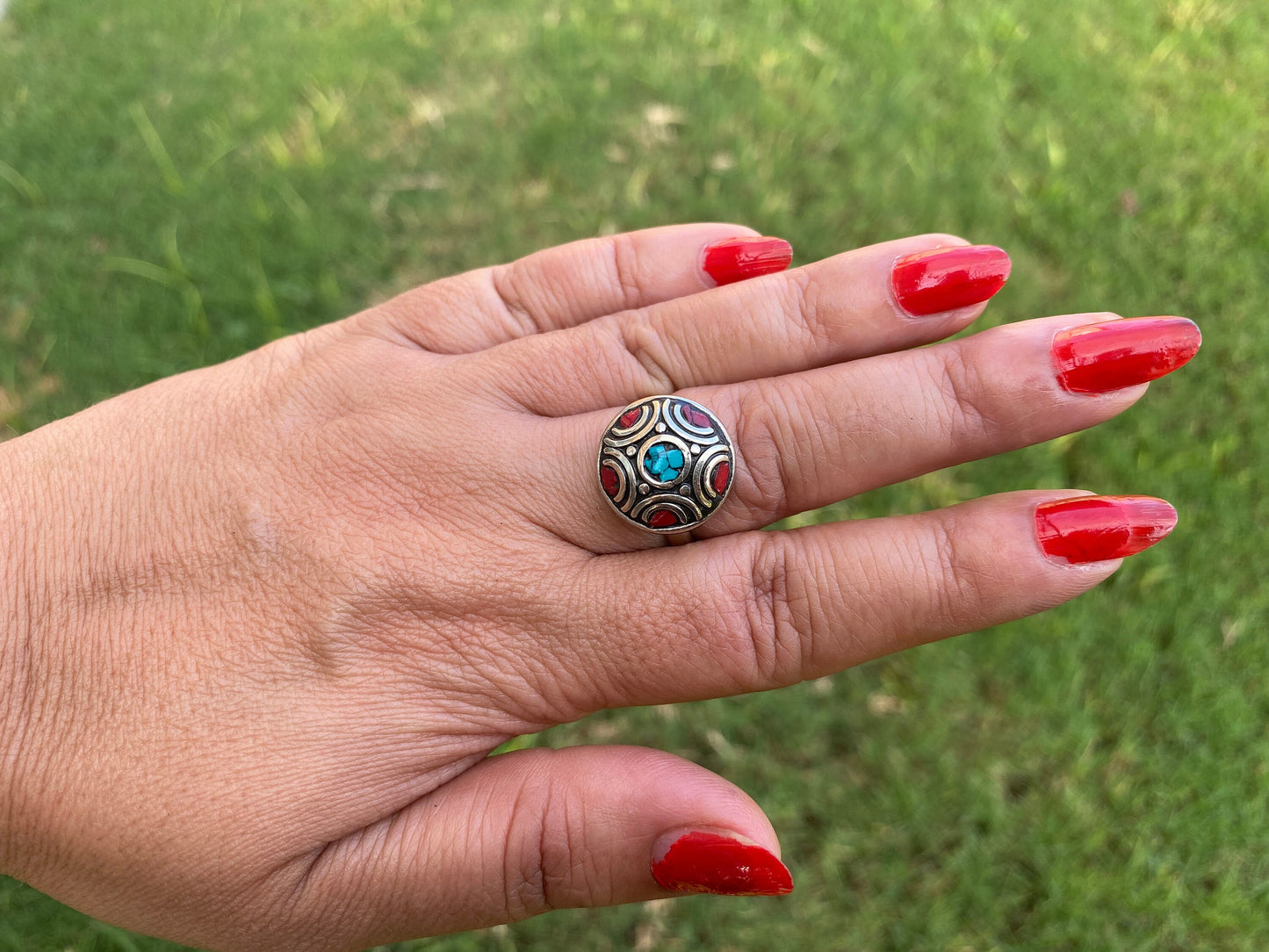Small Adjustable Tibetan Silver Ring, Turquoise, Coral & Lapis Inlay Ring, Statement Ring, Ethnic Women Ring, Bohemian Hill Tribe Jewelry