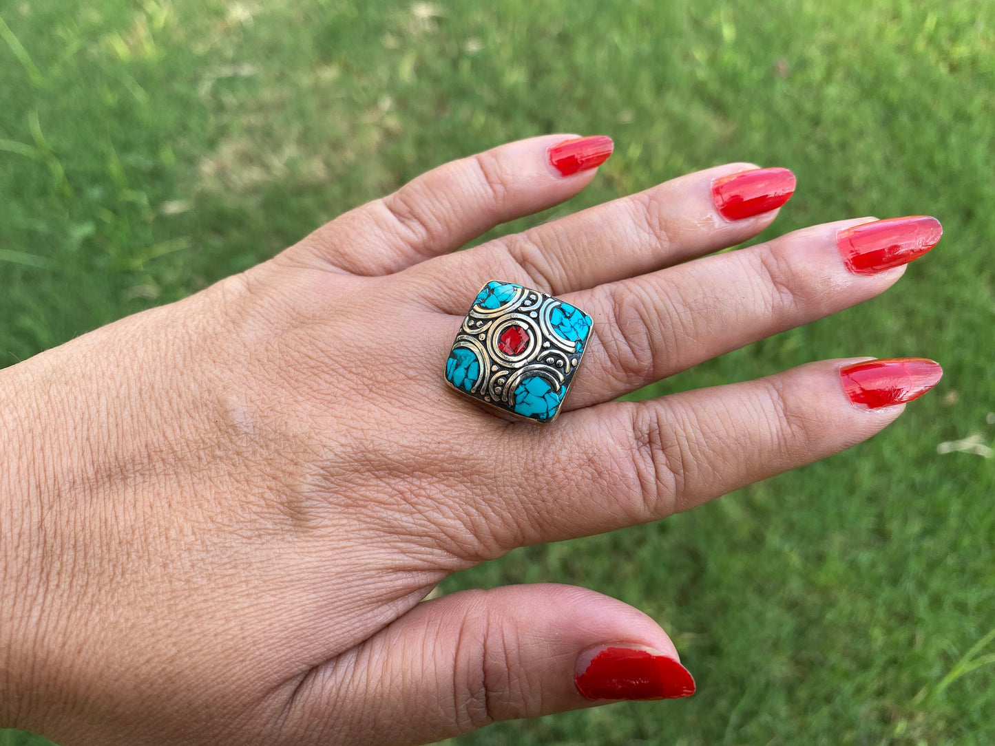 Small Adjustable Tibetan Silver Ring, Turquoise, Coral & Lapis Inlay Ring, Statement Ring, Ethnic Women Ring, Bohemian Hill Tribe Jewelry
