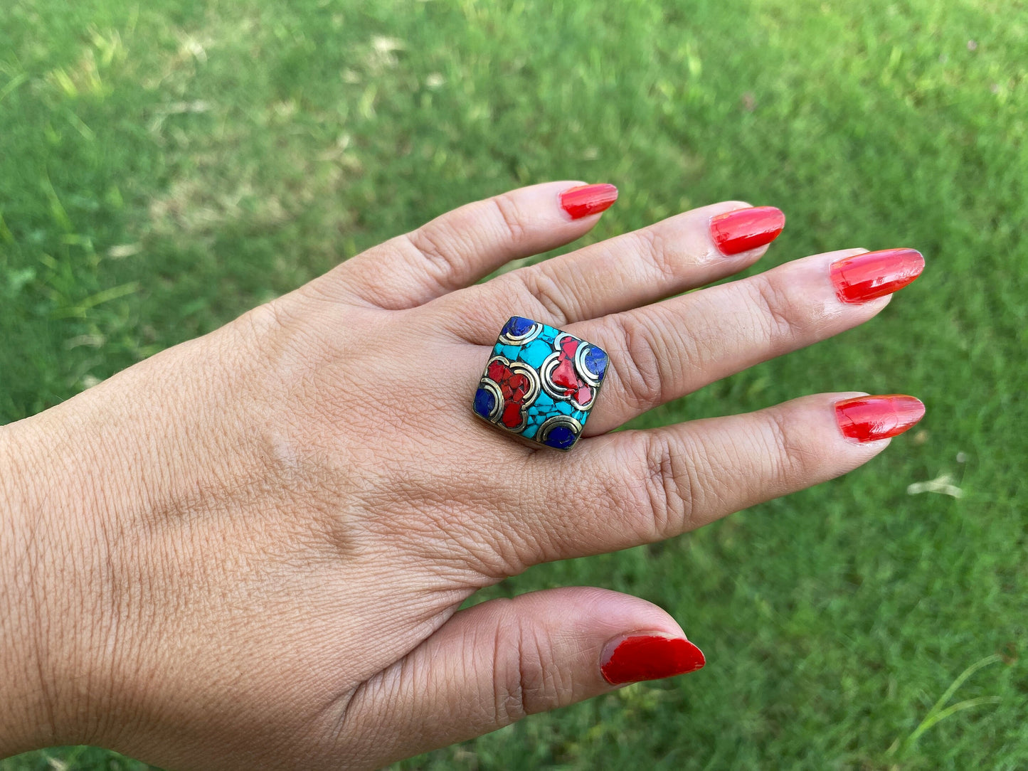 Small Adjustable Tibetan Silver Ring, Turquoise, Coral & Lapis Inlay Ring, Statement Ring, Ethnic Women Ring, Bohemian Hill Tribe Jewelry